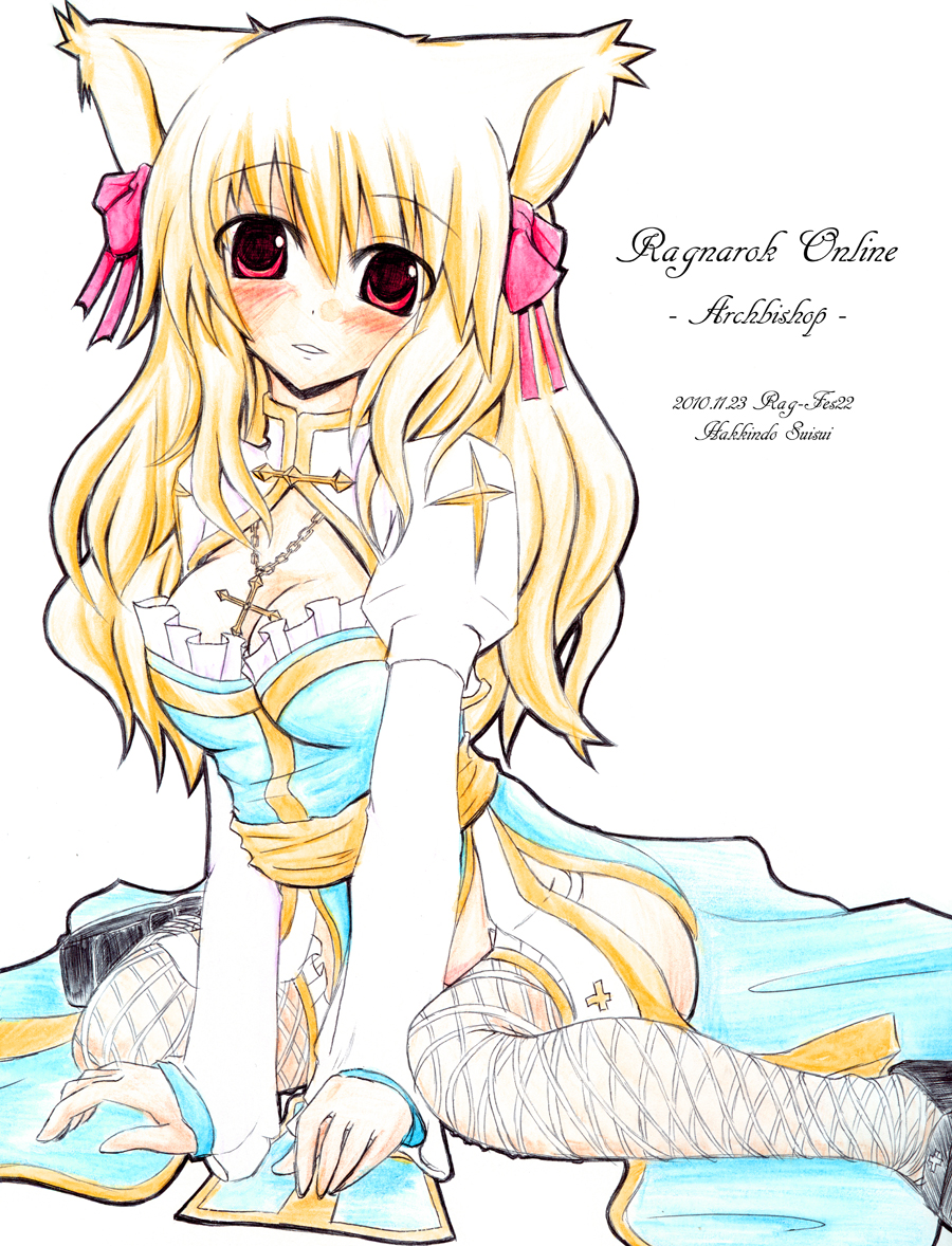 suisui (hakkindou), arch bishop (ragnarok online), ragnarok online, commentary request, traditional media, 1girl, 2000s (style), animal ears, black shoes, blonde hair, blue dress, blush, bow, breasts, cat ears, cat girl, character name, cleavage, cleavage cutout, clothing cutout, copyright name, cross, dated, dress, frilled dress, frilled thighhighs, frills, full body, hair bow, juliet sleeves, large breasts, long hair, long sleeves, looking at viewer, no panties, parted lips, pink bow, puffy sleeves, ragfes, red eyes, sash, shoes, simple background, sitting, smile, solo, thighhighs, two-tone dress, wariza, white background, white dress, white thighhighs, yellow sash