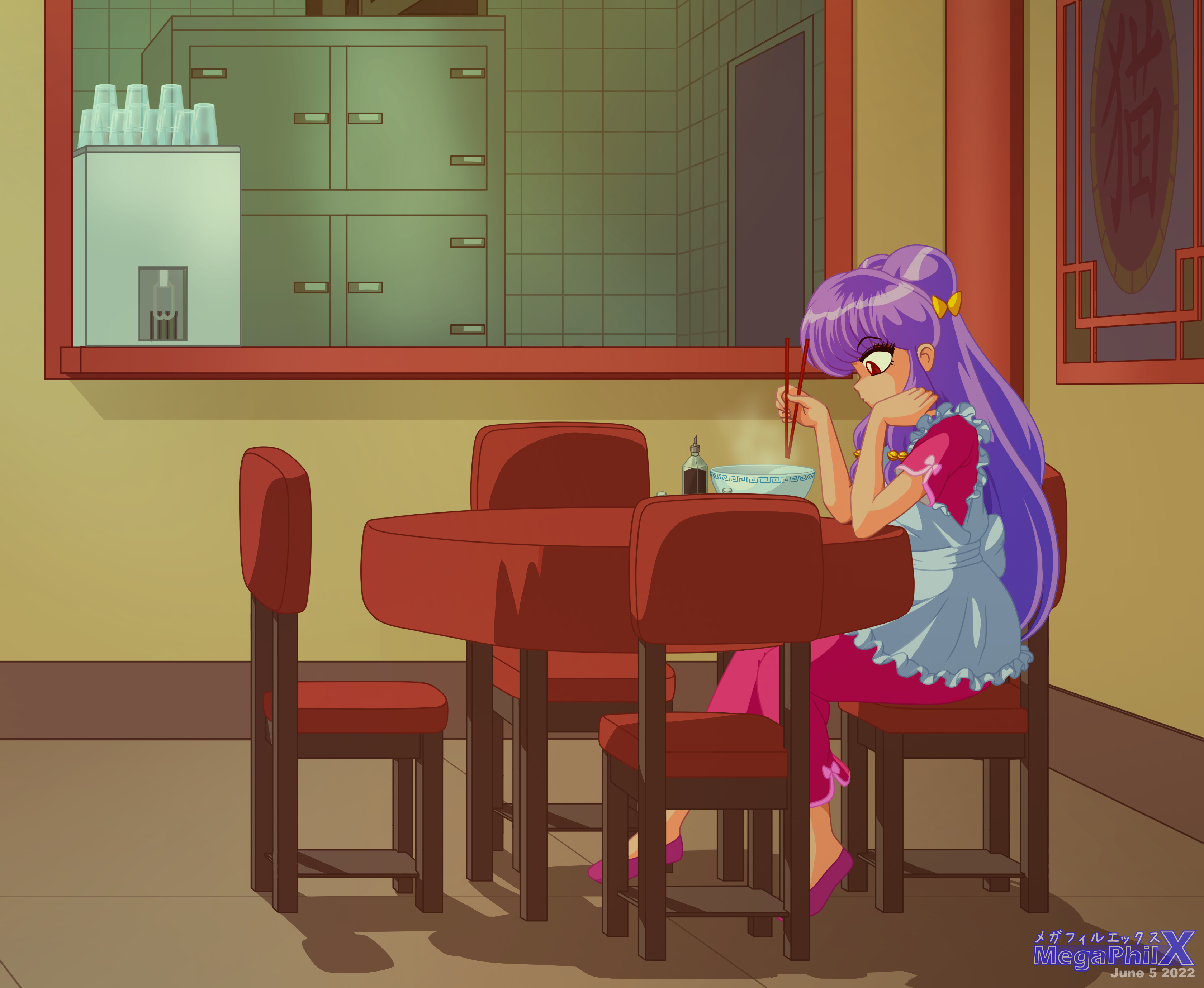 shampoo (ranma 1/2), 1girl, apron, bow, bowl, chair, chopsticks, double bun, eating, food, hair bow, hair bun, holding, holding chopsticks, indoors, long hair, purple hair, red eyes, restaurant, sitting, solo, table, watermark, window