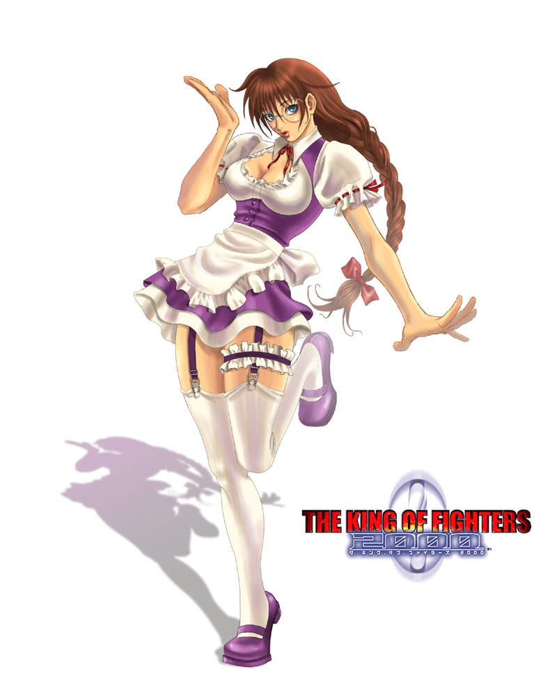 watabe kaoru, snk, the king of fighters, 1girl, braid, breasts, cleavage, female focus, frilled thigh strap, garter straps, glasses, large breasts, looking at viewer, solo, thigh strap, waitress, white background