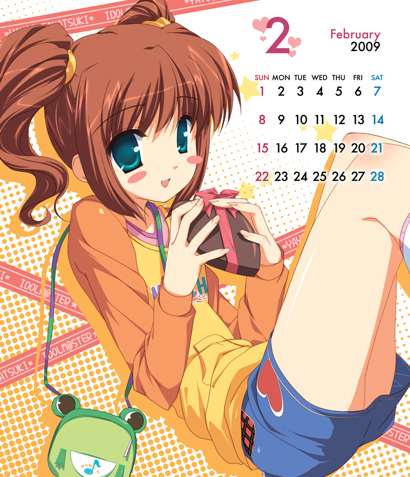 hagiwara onsen, takatsuki yayoi, idolmaster, idolmaster (classic), idolmaster 1, 00s, 1girl, 2009, blue eyes, blush, brown hair, calendar, chocolate, february, female focus, green eyes, heart, raglan sleeves, skirt, solo, twintails