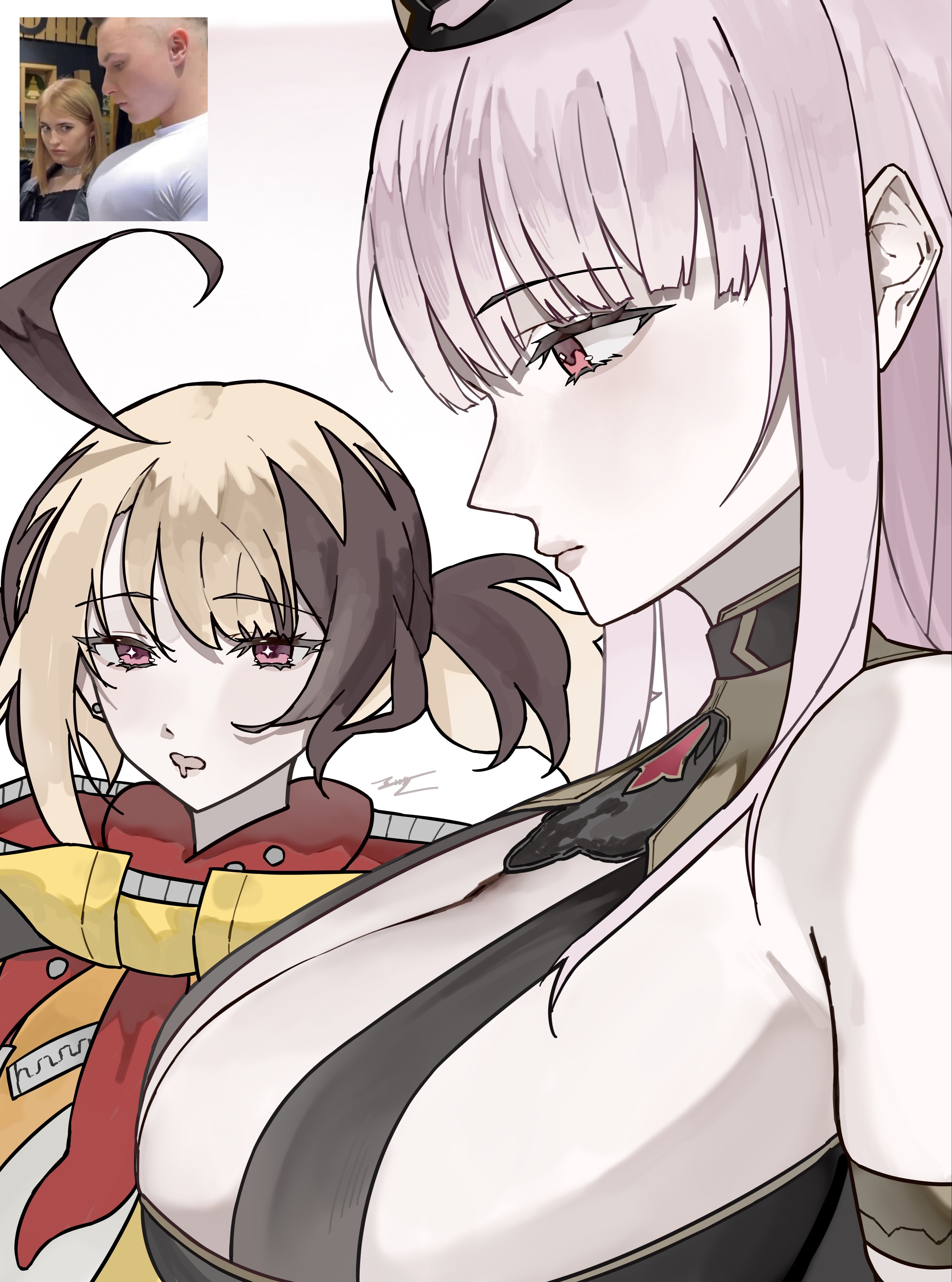 ewn, gigi murin, gigi murin (1st costume), mori calliope, mori calliope (1st costume), hololive, hololive english, absurdres, highres, photo-referenced, 2girls, ahoge, black dress, blonde hair, breasts, brown hair, cleavage, dress, from side, girl staring at guy's chest (meme), hood, hoodie, jewelry, large breasts, long hair, looking at another, looking at viewer, meme, multicolored hair, multiple girls, open mouth, orange hood, orange hoodie, orange shrug, photo inset, pink eyes, pink hair, red eyes, shirt, short hair, shrug (clothing), simple background, twintails, two-tone hair, upper body, virtual youtuber, white background