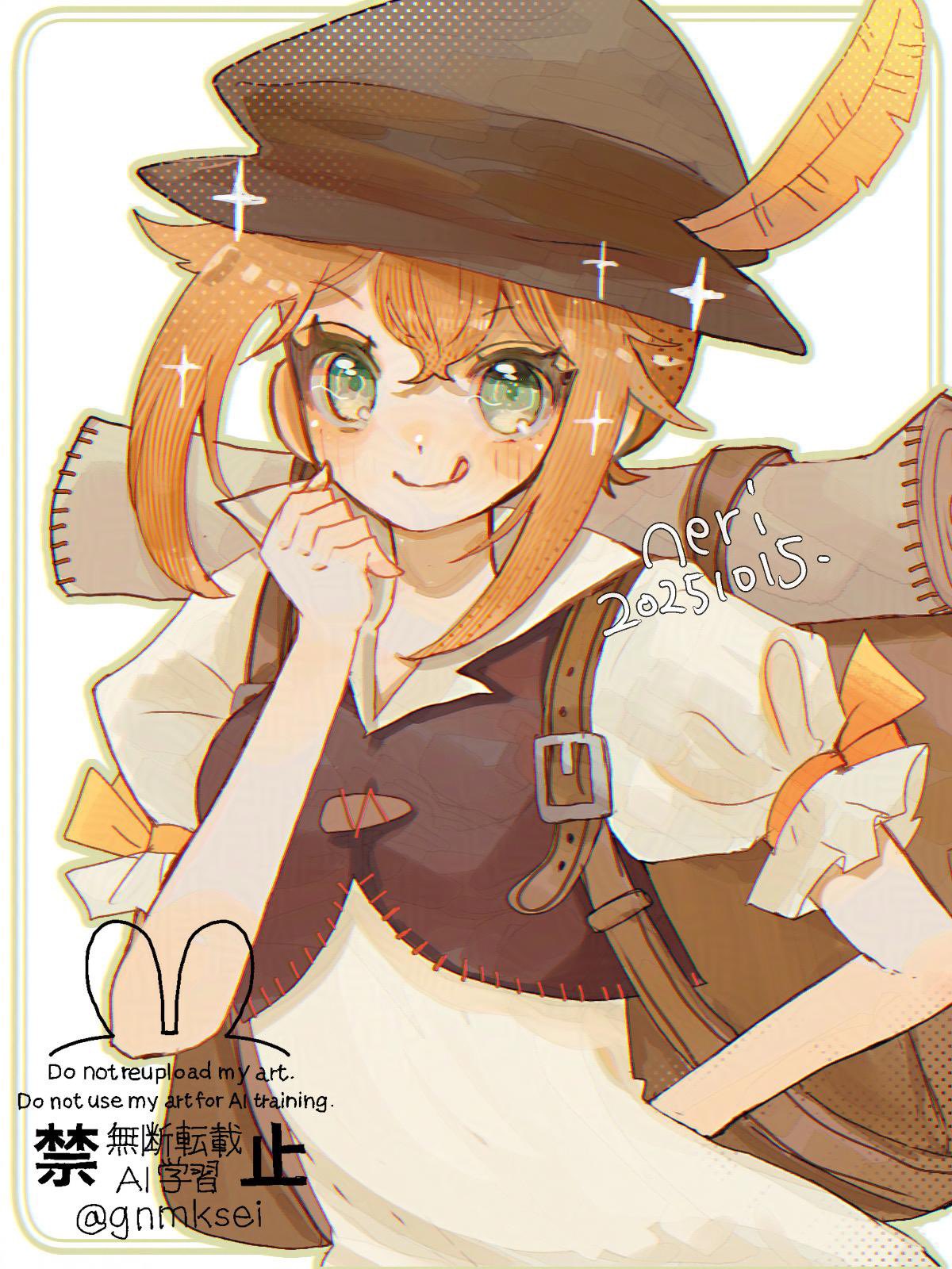 han (hn-khk), tressa colzione, octopath traveler, octopath traveler i, commentary request, highres, 1girl, :q, artist name, backpack, bag, black hat, brown bag, brown hair, dated, green eyes, hat, hat feather, solo, sparkle, standing, tongue, tongue out, twitter username, watermark