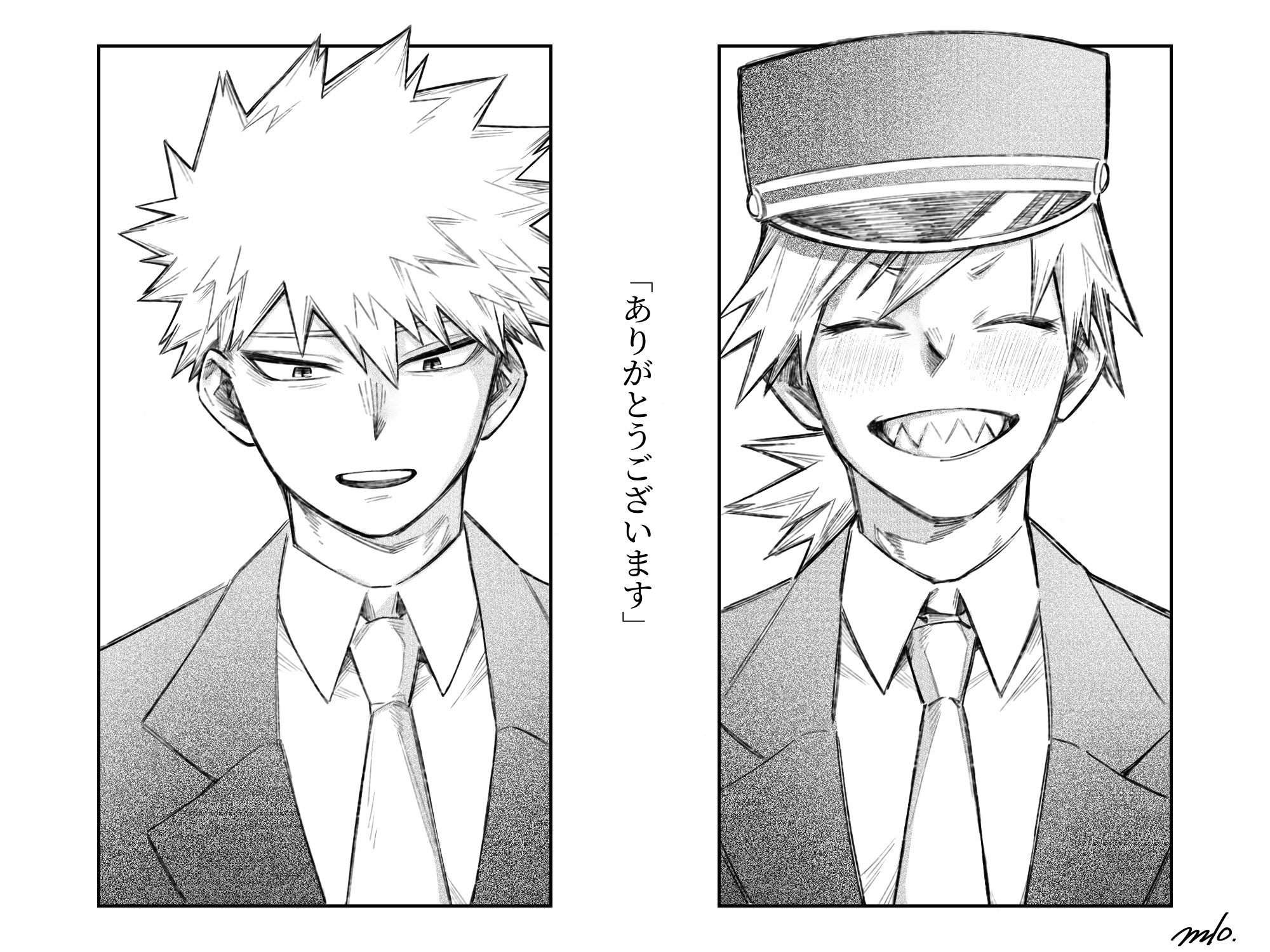 bakugou katsuki, kirishima eijiro, boku no hero academia, commentary request, highres, translation request, 17pagdot0w79390, 2boys, alternate costume, alternate hairstyle, blush, closed eyes, collared shirt, greyscale, hat, jacket, male focus, monochrome, multiple boys, necktie, sharp teeth, shirt, short hair, smile, spiked hair, suit jacket, teeth, upper body, upper teeth only