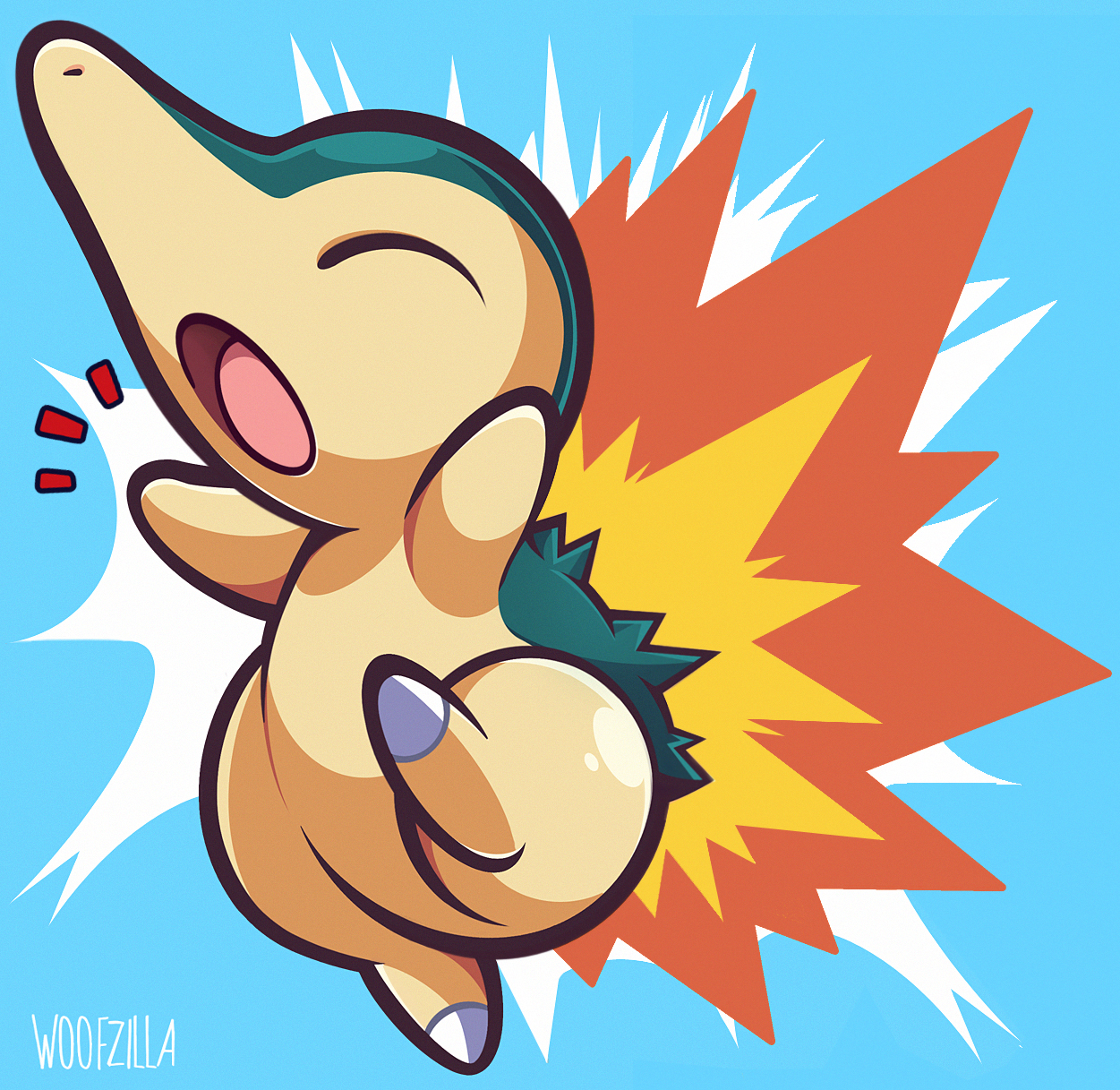 woofzilla, cyndaquil, nintendo, pokemon, commentary, english commentary, highres, blue background, closed eyes, fire, full body, gen 2 pokemon, no humans, nostrils, open mouth, pokemon (creature), signature, simple background, solo