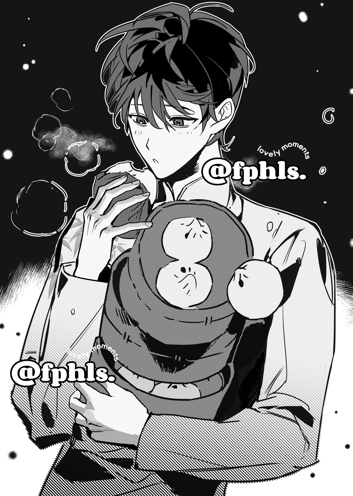 kim dokja, omniscient reader's viewpoint, highres, 1boy, :o, bamboo steamer, bite mark, biting, black eyes, black hair, breath, collared shirt, cowboy shot, dumpling, food, greyscale, holding, holding bamboo steamer, holding food, male focus, monochrome, shirt, short hair, solo, su xueman, white shirt