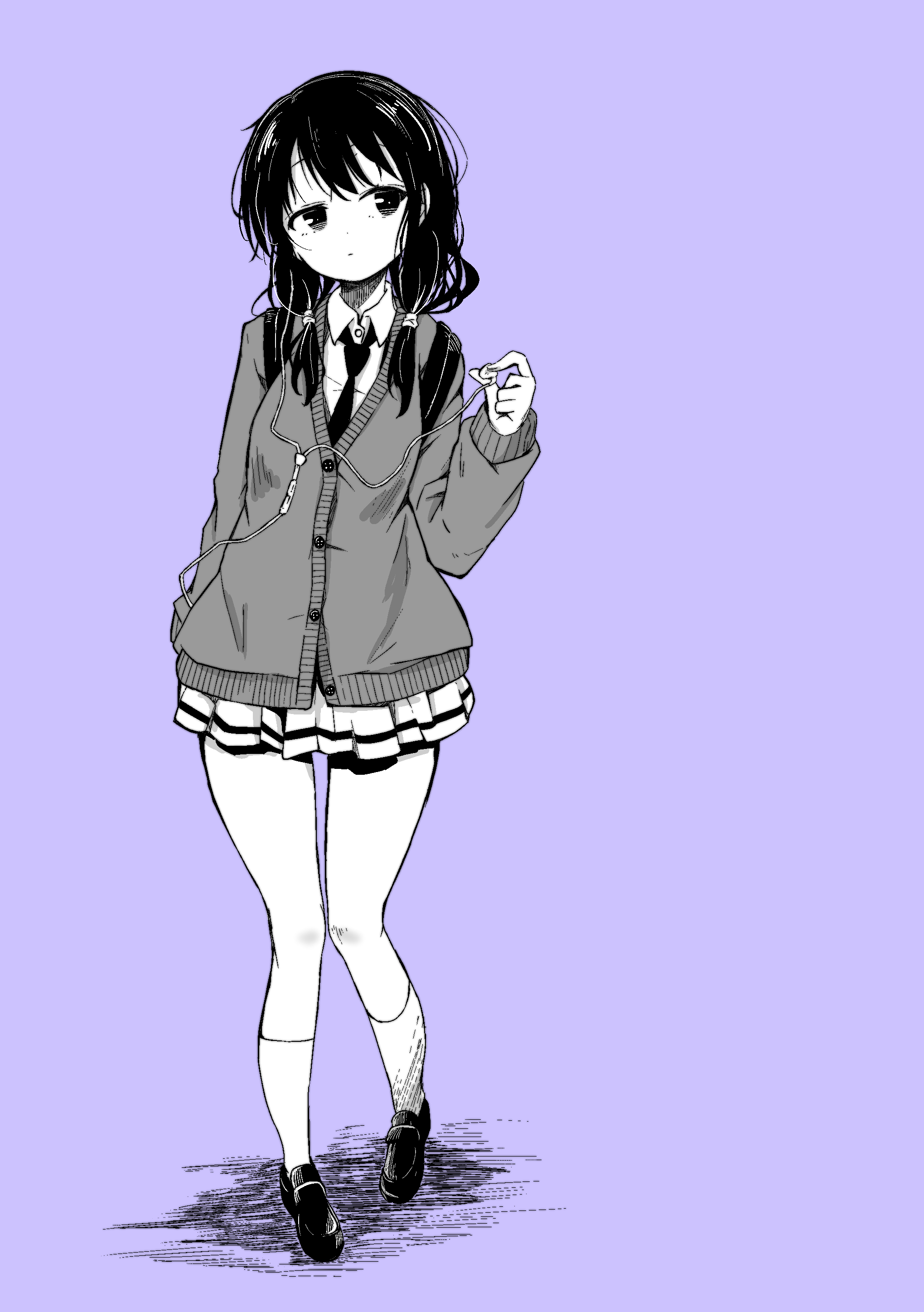 shiiba aki, tamura yuri, watashi ga motenai no wa dou kangaetemo omaera ga warui!, absurdres, commentary, highres, 1girl, backpack, bag, buttons, cardigan, closed mouth, collared shirt, earbuds, earphones, expressionless, full body, greyscale with colored background, holding, holding earphones, loafers, long hair, long sleeves, looking at viewer, low twintails, miniskirt, monochrome, necktie, pleated skirt, school bag, school uniform, shirt, shoes, single earphone removed, skirt, socks, solo, standing, twintails