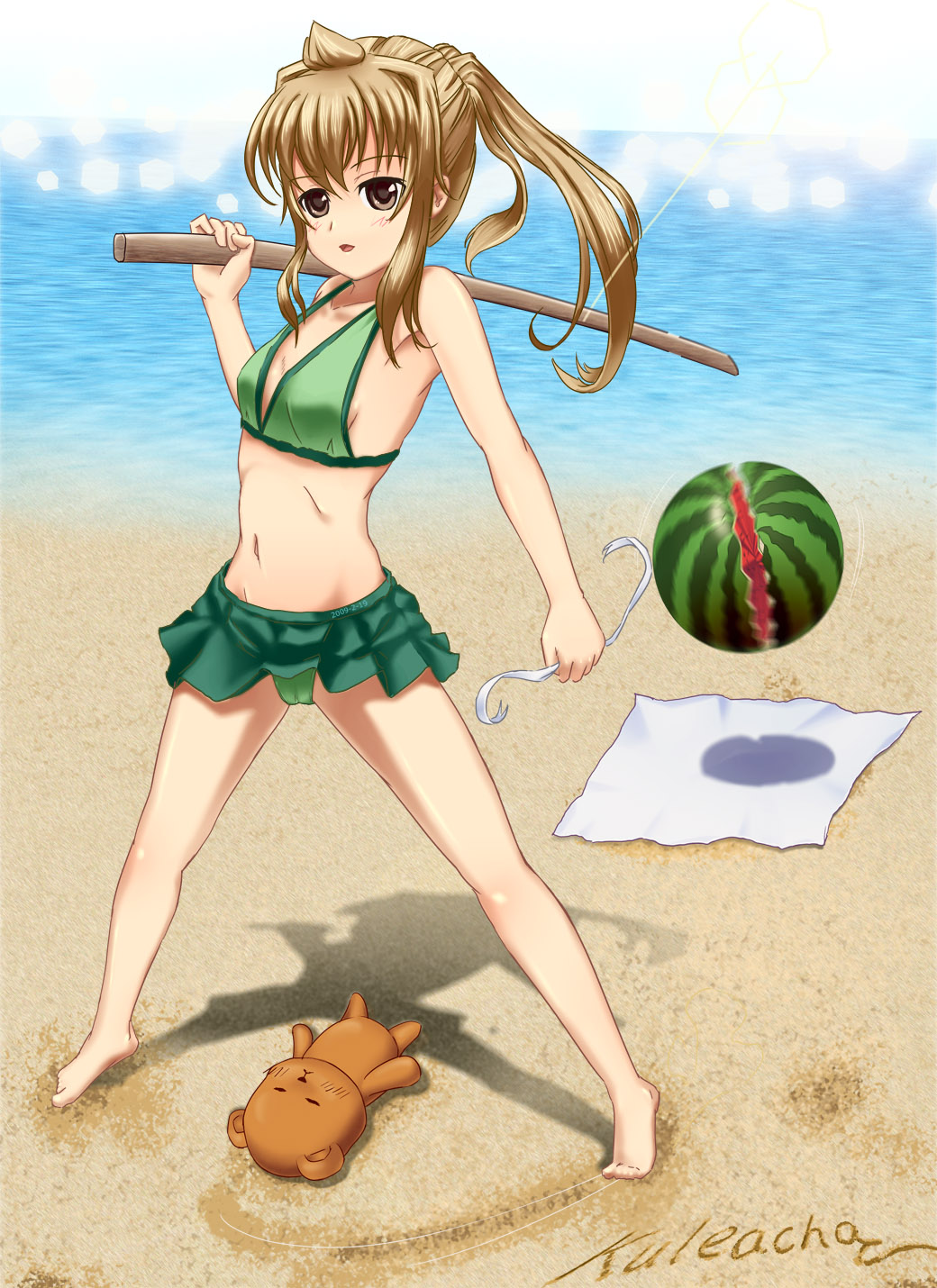 kuleacha, minami chiaki, minami-ke, highres, 00s, ahoge, barefoot, beach, bikini, bokken, brown eyes, brown hair, food, fruit, green bikini, legs, long hair, solo, stuffed animal, stuffed toy, suikawari, swimsuit, sword, teddy bear, watermelon, weapon, wooden sword