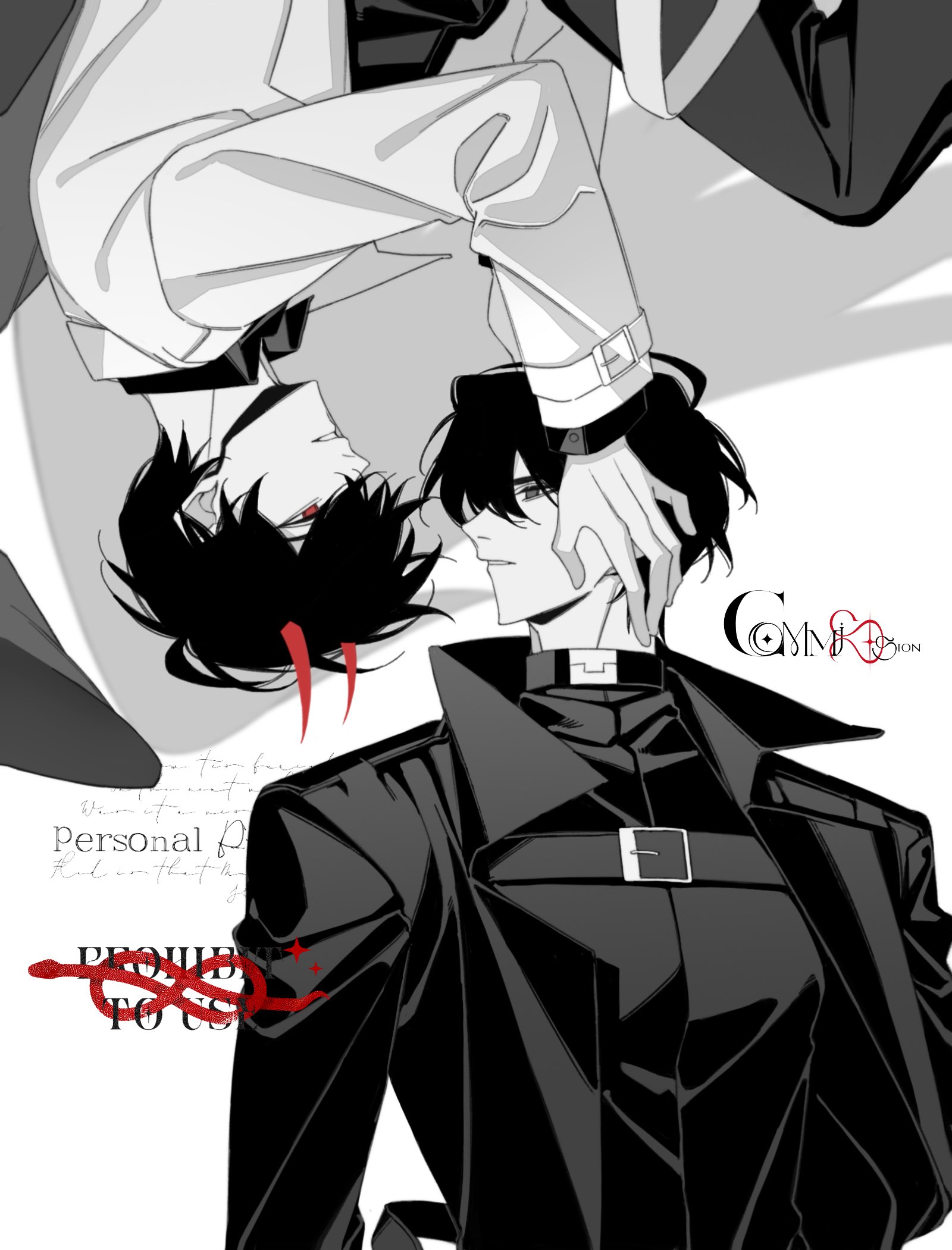 kim dokja, yoo joonghyuk, omniscient reader's viewpoint, highres, 2boys, black coat, black eyes, black hair, black shirt, black wings, coat, cowboy shot, demon horns, feathered wings, floating, hand on another's head, horns, infinity symbol, knee up, looking at another, male focus, multiple boys, official alternate costume, open clothes, open coat, partially colored, popped collar, red eyes, shadow, shirt, short hair, su xueman, upside-down, white coat, wings