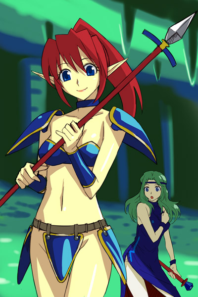 michael f91, original, 2girls, armor, belt, bikini armor, blue eyes, choker, dress, fantasy, green hair, headband, long hair, midriff, multiple girls, open mouth, pointy ears, polearm, ponytail, red hair, revealing clothes, scepter, smile, spear, weapon, wristband