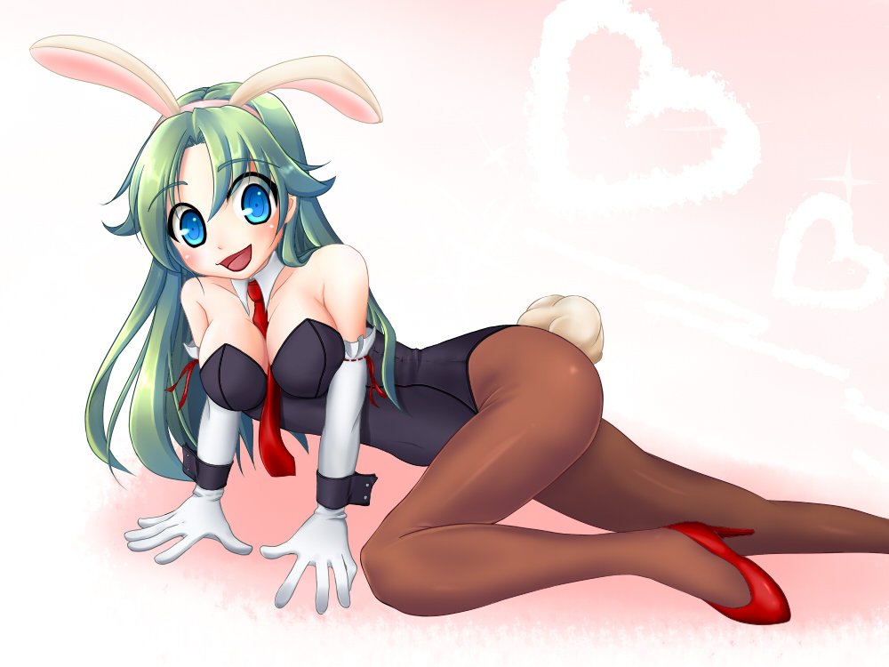 chibimame, animal ears, blue eyes, elbow gloves, fake animal ears, gloves, green hair, long hair, lying, on side, pantyhose, playboy bunny, rabbit ears