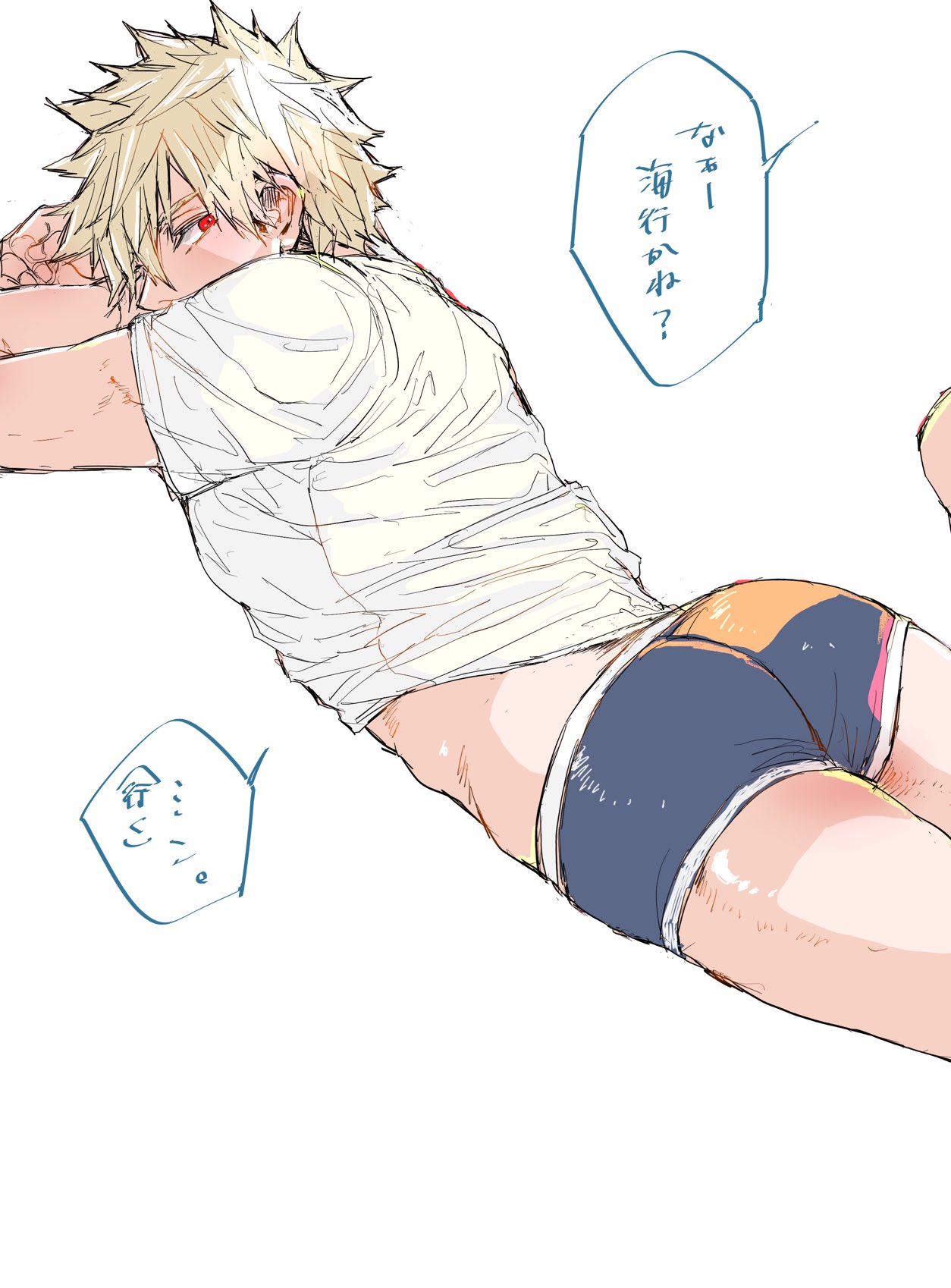 bakugou katsuki, boku no hero academia, highres, translation request, 1boy, applewanwan11, ass, blonde hair, looking at viewer, lying, male focus, male underwear, on stomach, red eyes, shirt, short hair, simple background, solo, speech bubble, spiked hair, thighs, underwear, white background, white shirt