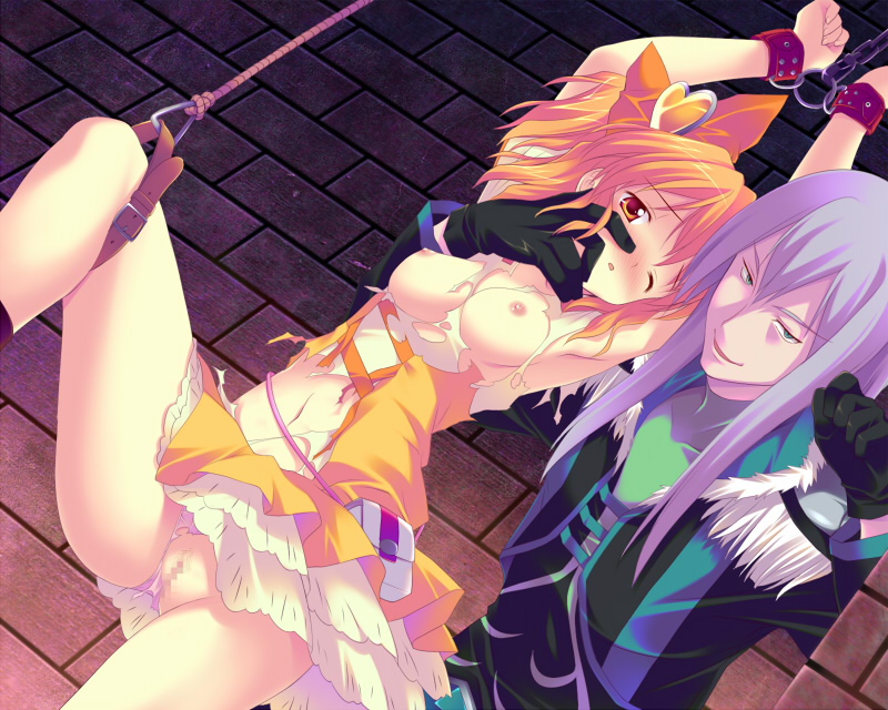 inase shin'ya, cure pine, souler, souler (fresh precure!), yamabuki inori, fresh precure!, precure, bad id, bad pixiv id, 00s, 1boy, 1girl, bdsm, bondage, bound, breasts, censored, chain, dress, female pubic hair, hair ornament, heart, heart hair ornament, magical girl, medium breasts, mosaic censoring, nipples, no panties, panties, pink panties, pubic hair, pussy, rope, torn clothes, torn dress, torn panties, underwear