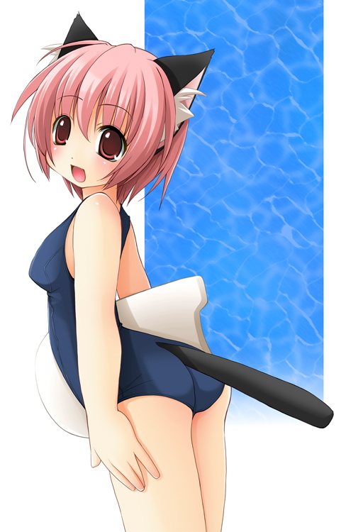 shibacha, original, animal ear fluff, animal ears, blue background, cat ears, cat tail, cowboy shot, from side, messy hair, one-piece swimsuit, school swimsuit, solo, stiff tail, swimsuit, tail