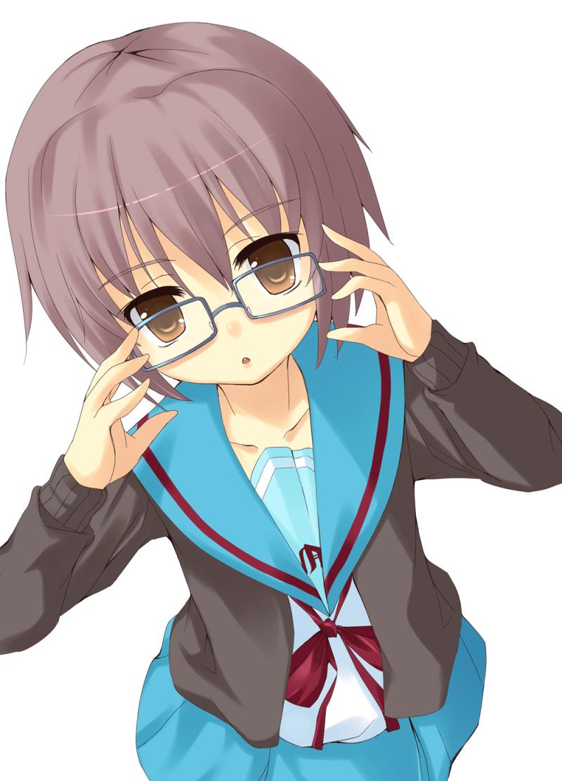 amaa (chou dennou jidai), nagato yuki, suzumiya haruhi no yuuutsu, 00s, adjusting eyewear, glasses, school uniform, serafuku, solo