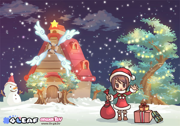 tiv, softmax, archived source, commentary request, korean commentary, official art, 1girl, 4leaf, :d, artist name, boots, box, brown boots, brown eyes, brown hair, building, carrot, christmas, christmas lights, cloud, company name, dated commentary, deformed, door, dress, facing viewer, footprints, fur-trimmed boots, fur-trimmed dress, fur-trimmed headwear, fur collar, fur sleeve cuffs, fur trim, gift, gift box, gradient background, gradient sky, hat, holding, holding sack, leaf ornament, legs apart, night, night sky, open mouth, outdoors, pom pom (clothes), pom pom hat ornament, red bag, red dress, red hat, red sleeves, round door, sack, santa costume, santa dress, santa hat, sky, smile, snow, snowing, snowman, solo, standing, star (symbol), tree, watermark, waving, web address, windmill, window