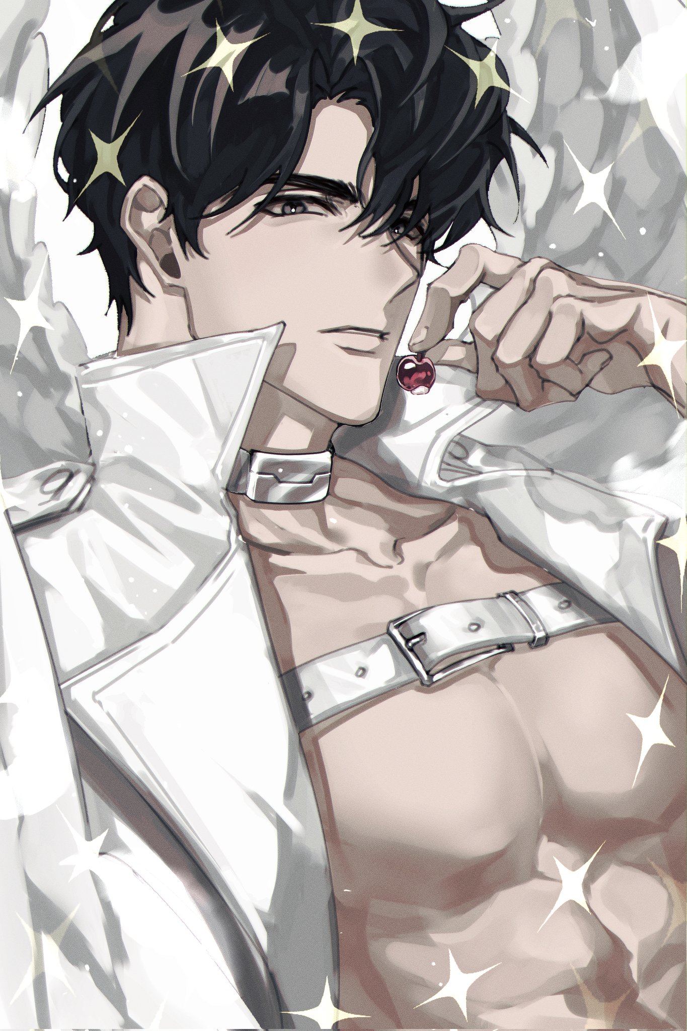 narak, yoo joonghyuk, omniscient reader's viewpoint, highres, 1boy, abs, apple, belt, black eyes, black hair, chest belt, coat, collar, curtained hair, feathered wings, food, fruit, hair over one eye, hand up, holding, holding food, holding fruit, looking at viewer, male focus, open clothes, parted lips, pectorals, popped collar, serious, short hair, solo, sparkle, toned, toned male, undersized object, upper body, white coat, white wings, wings