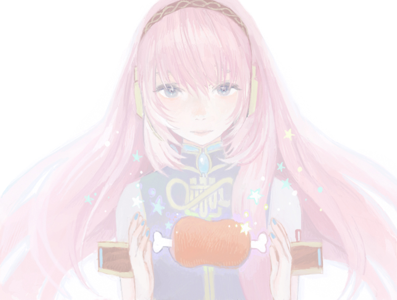 matayoshi, megurine luka, vocaloid, 1girl, blue eyes, boned meat, female focus, food, headphones, long hair, meat, pink hair, solo, very long hair