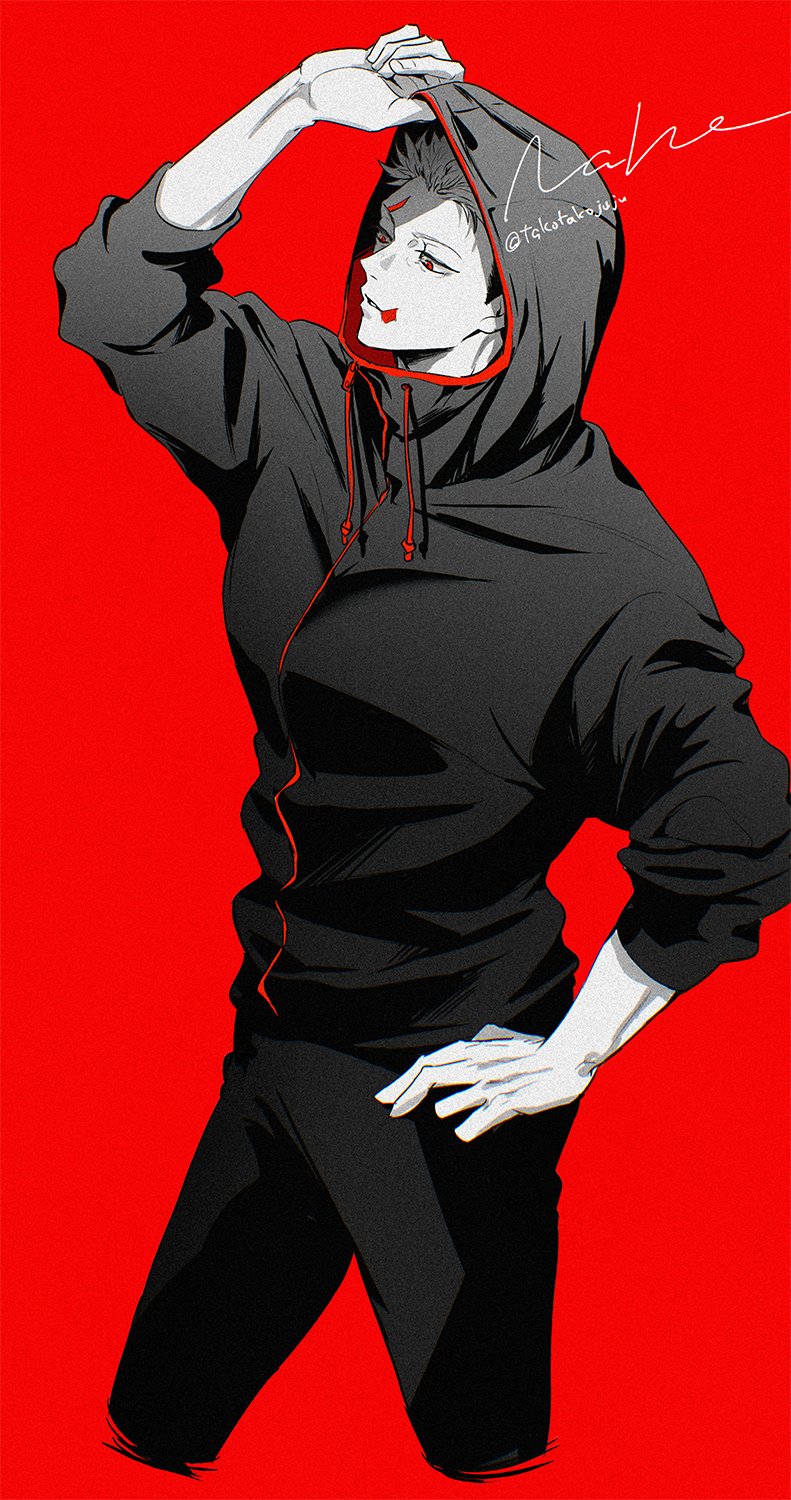takotakojuju, itadori yuuji, jujutsu kaisen, jujutsu kaisen modulo, commentary request, highres, 1boy, aged up, full-length zipper, hand on own hip, hood, hood up, hoodie, male focus, red background, scar, scar on face, scar on mouth, short hair, simple background, sleeves pushed up, solo, twitter username, zipper, zipper pull tab
