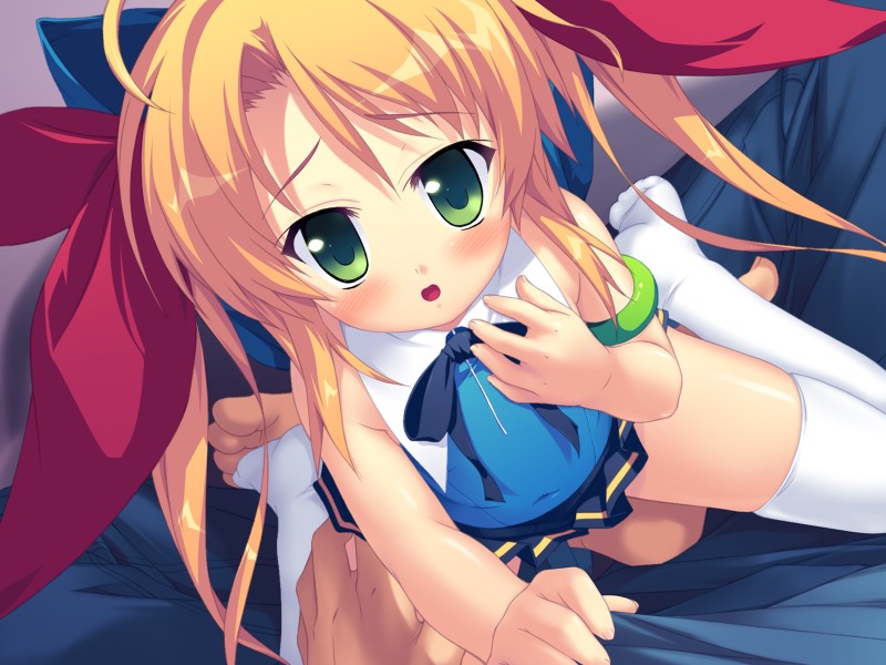 munyuu, protagonist (naisho no yorimichi), sakuragawa mirai, naisho no yorimichi, rune (company), game cg, 1boy, 1girl, blonde hair, blush, child, green eyes, looking at viewer, male hand, open mouth, thighhighs, twintails, white thighhighs