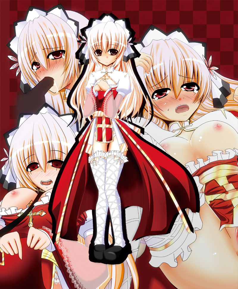 shijou (4johan), suisui (hakkindou), arch bishop (ragnarok online), comiket 81, ragnarok online, artist collaboration, commentary request, 1girl, black shoes, blush, breasts, censored, checkered background, cleavage cutout, clothing cutout, cross, dress, empty eyes, fellatio, fishnet thighhighs, fishnets, frilled thighhighs, frills, full body, headdress, juliet sleeves, large breasts, long hair, long sleeves, looking at viewer, medium breasts, mosaic censoring, multiple views, nipples, nose blush, open mouth, oral, panties, penis, puffy sleeves, pussy, red background, red dress, red eyes, sash, shoes, thighhighs, two-tone dress, underwear, white dress, white panties, white thighhighs, yellow sash
