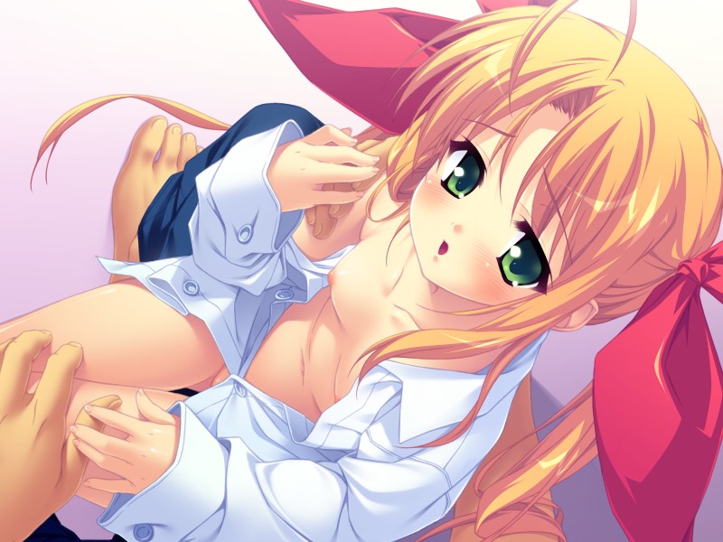 munyuu, protagonist (naisho no yorimichi), sakuragawa mirai, naisho no yorimichi, rune (company), hand on thigh, game cg, 1boy, 1girl, age difference, blonde hair, blush, bottomless, censored, collarbone, flat chest, green eyes, hetero, loli, male hand, naked shirt, no bra, no panties, open clothes, open shirt, partially visible vulva, shirt, sitting, sitting on lap, sitting on person, size difference, thigh gap, thighs, twintails