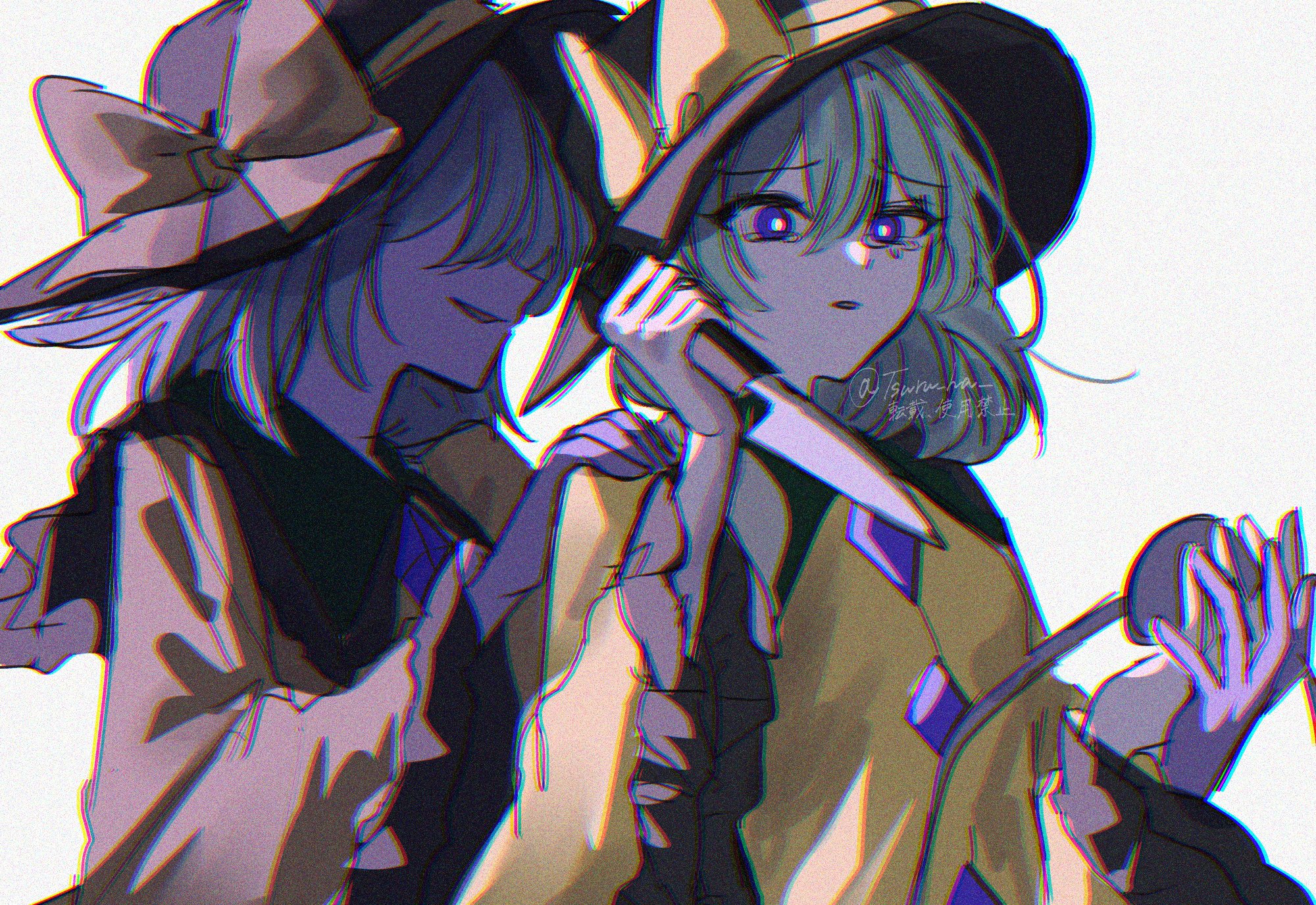 annin cha, komeiji koishi, touhou, highres, 2girls, backlighting, behind another, black hat, blouse, blue eyes, bow, bright pupils, buttons, chromatic aberration, clone, dark persona, diamond button, double-parted bangs, evil smile, faceless, faceless female, frilled shirt collar, frilled sleeves, frills, furrowed brow, green hair, hair between eyes, hand on another's hand, hand on another's shoulder, hat, hat bow, holding, holding knife, kitchen knife, knife, long sleeves, looking down, multiple girls, no eyes, open mouth, puritan collar, reverse grip, shirt, short hair, smile, tearing up, tears, third eye, white background, white pupils, wide sleeves, yellow bow, yellow shirt