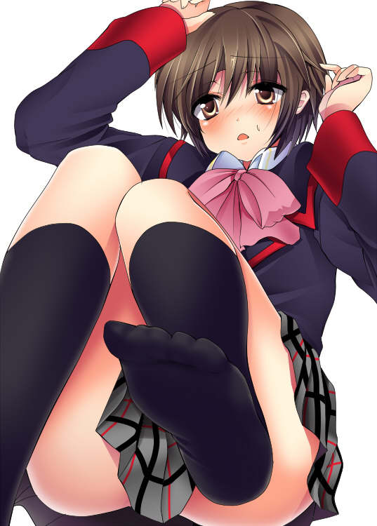 masayu, naoe riki, little busters!, bad id, bad pixiv id, 1boy, bad feet, bob cut, bow, crossdressing, crossdressing (mtf), feet, male focus, pink bow, school uniform, serafuku, socks, solo, trap