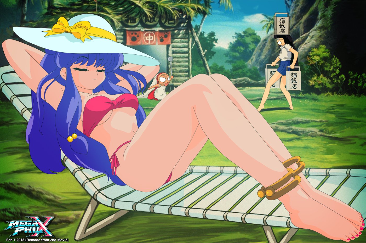 megaphilx, mousse (ranma 1/2), shampoo (ranma 1/2), ranma 1/2, 1boy, 1girl, 2girls, anklet, arms behind head, barefoot, beach chair, bikini, breasts, chair, closed eyes, day, double bun, feet, hair bun, hair ornament, hat, jewelry, long hair, lying, medium breasts, multiple girls, nail polish, on back, outdoors, purple hair, retro artstyle, shorts, side-tie bikini bottom, sign, smile, sun hat, swimsuit, toenail polish, toenails, tree