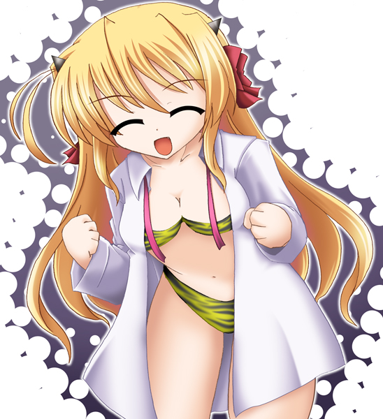 midou haruka, sendou erika, fortune arterial, 1girl, animal print, bikini, blonde hair, breasts, cleavage, closed eyes, female focus, horns, lab coat, large breasts, long hair, setsubun, solo, swimsuit, tiger print