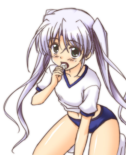 masakichi (crossroad), tougi shiro, fortune arterial, blush, buruma, eating, food, green eyes, gym uniform, kneeling, long hair, navel, open mouth, purple hair, simple background, solo, tofu, twintails