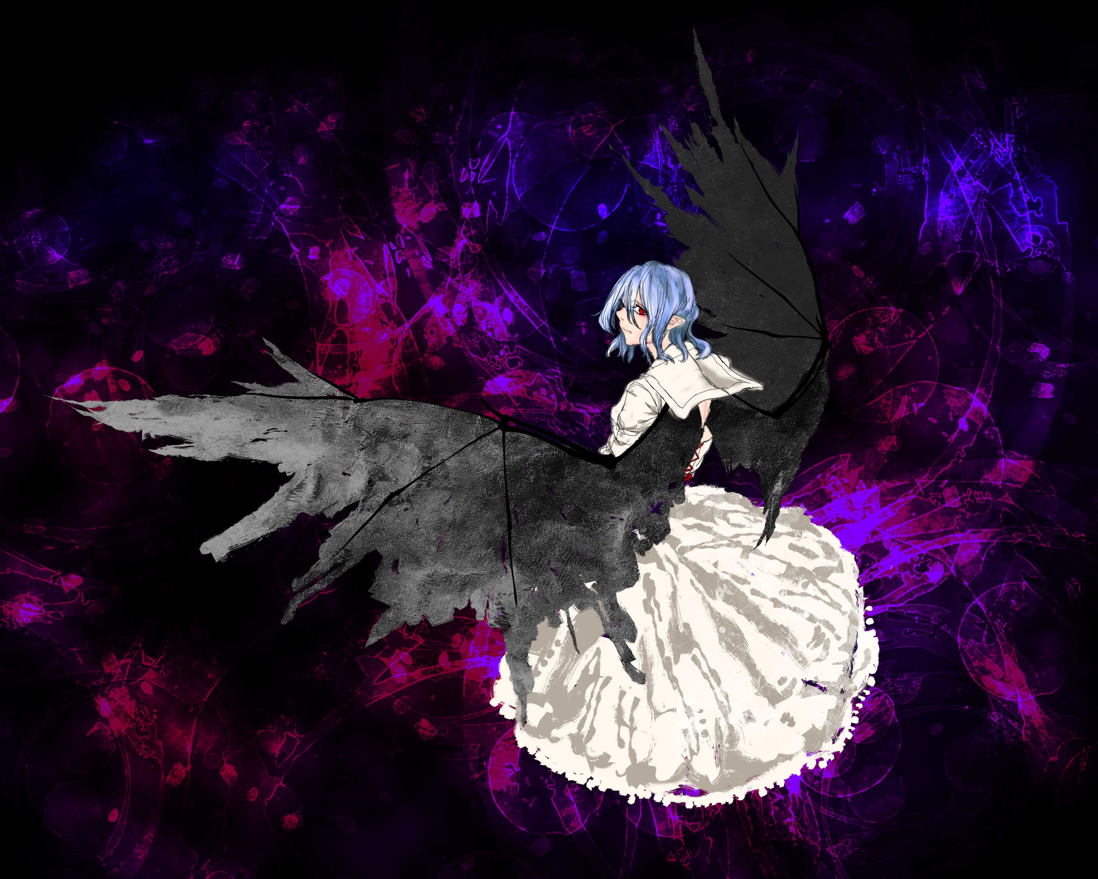 kyanduru, remilia scarlet, touhou, absurdres, highres, 1girl, bat wings, black background, closed mouth, fang, hair between eyes, long skirt, looking at viewer, purple background, purple hair, red eyes, shirt, skirt, solo, white shirt, white skirt, wings