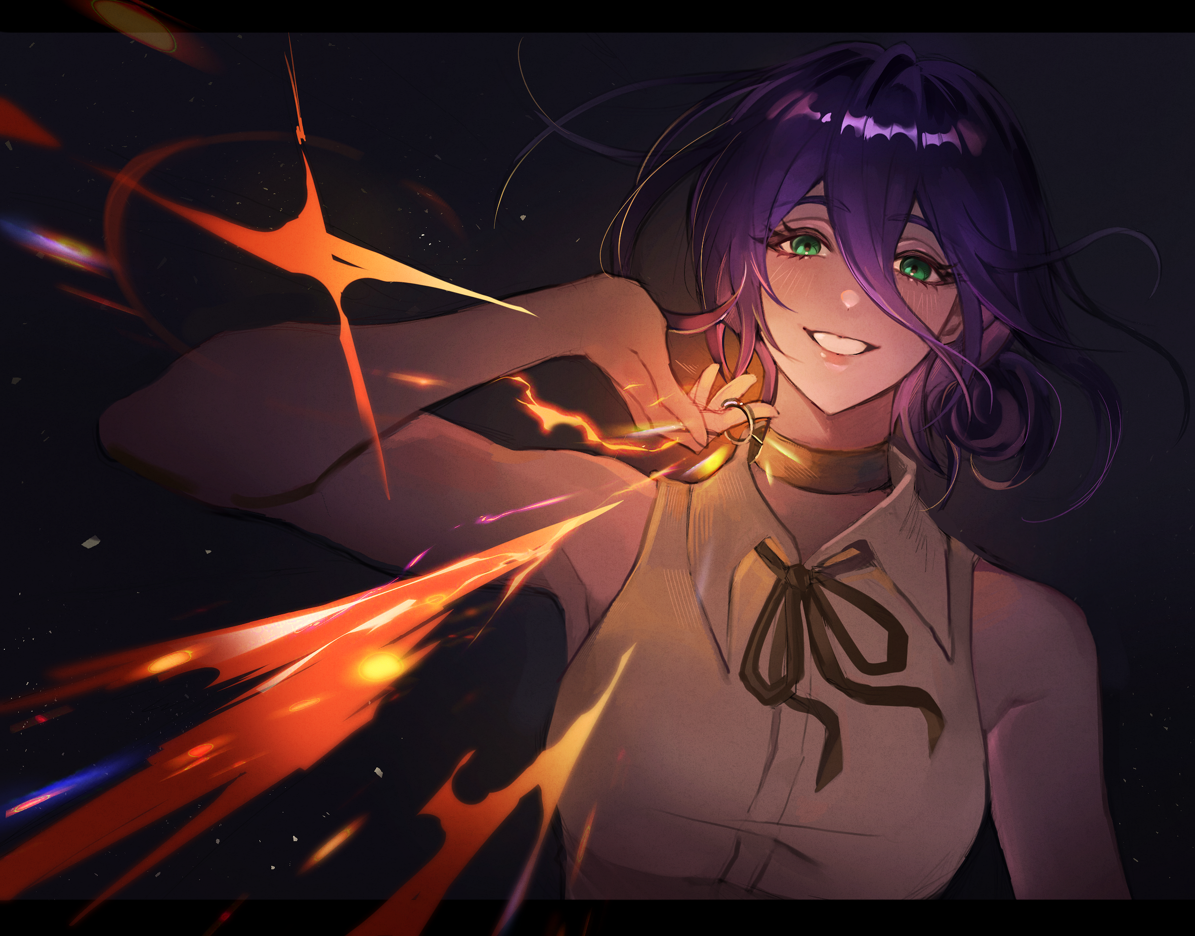 ubi (ekdus6080), reze (chainsaw man), chainsaw man, highres, 1girl, black choker, black ribbon, choker, green eyes, grenade pin, grey shirt, grin, hair between eyes, imminent explosion, looking at viewer, neck ribbon, purple hair, ribbon, shirt, sleeveless, sleeveless shirt, smile, solo, sparks, teeth