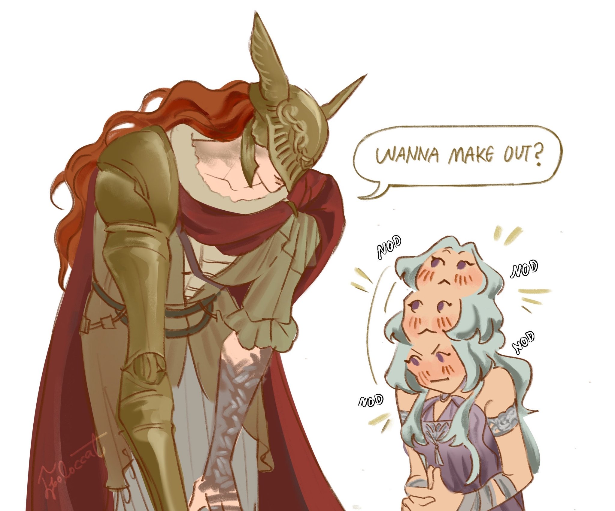 malenia blade of miquella, tarnished (elden ring), elden ring, highres, 2girls, artist name, brown robe, cape, covered eyes, goloccat, helmet, helmet over eyes, leaning forward, long hair, mechanical arms, meme, multiple girls, nodding, prosthesis, prosthetic arm, red cape, red hair, robe, signature, simple background, single mechanical arm, speech bubble, standing, wanna make out? (meme), white background, winged helmet, yuri