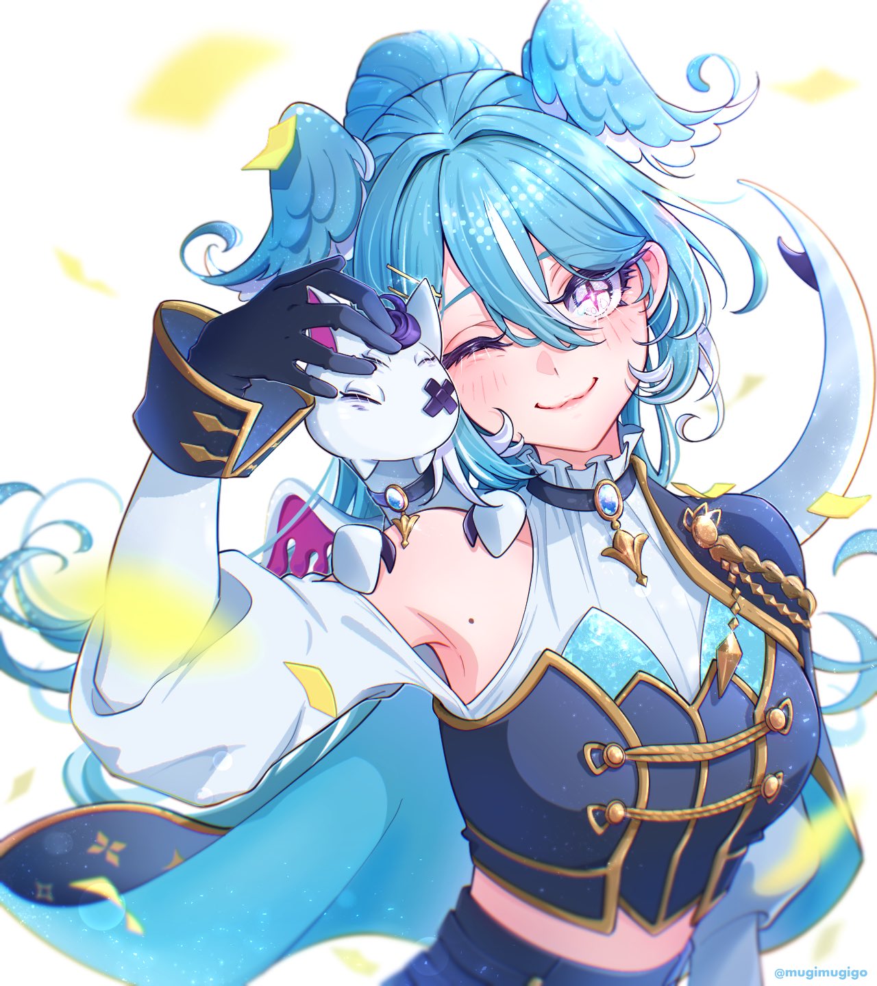 mugimugigo, elira pendora, pikl (elira pendora), nijisanji, nijisanji en, highres, 1girl, armpits, artist name, blue hair, blush, breasts, capelet, clothing cutout, confetti, cross-shaped pupils, hair between eyes, head wings, high ponytail, long hair, medium breasts, midriff, mole, mole on armpit, nijisanji idol uniform, one eye closed, petting, ponytail, purple eyes, shoulder cutout, smile, symbol-shaped pupils, twitter username, virtual youtuber, wings