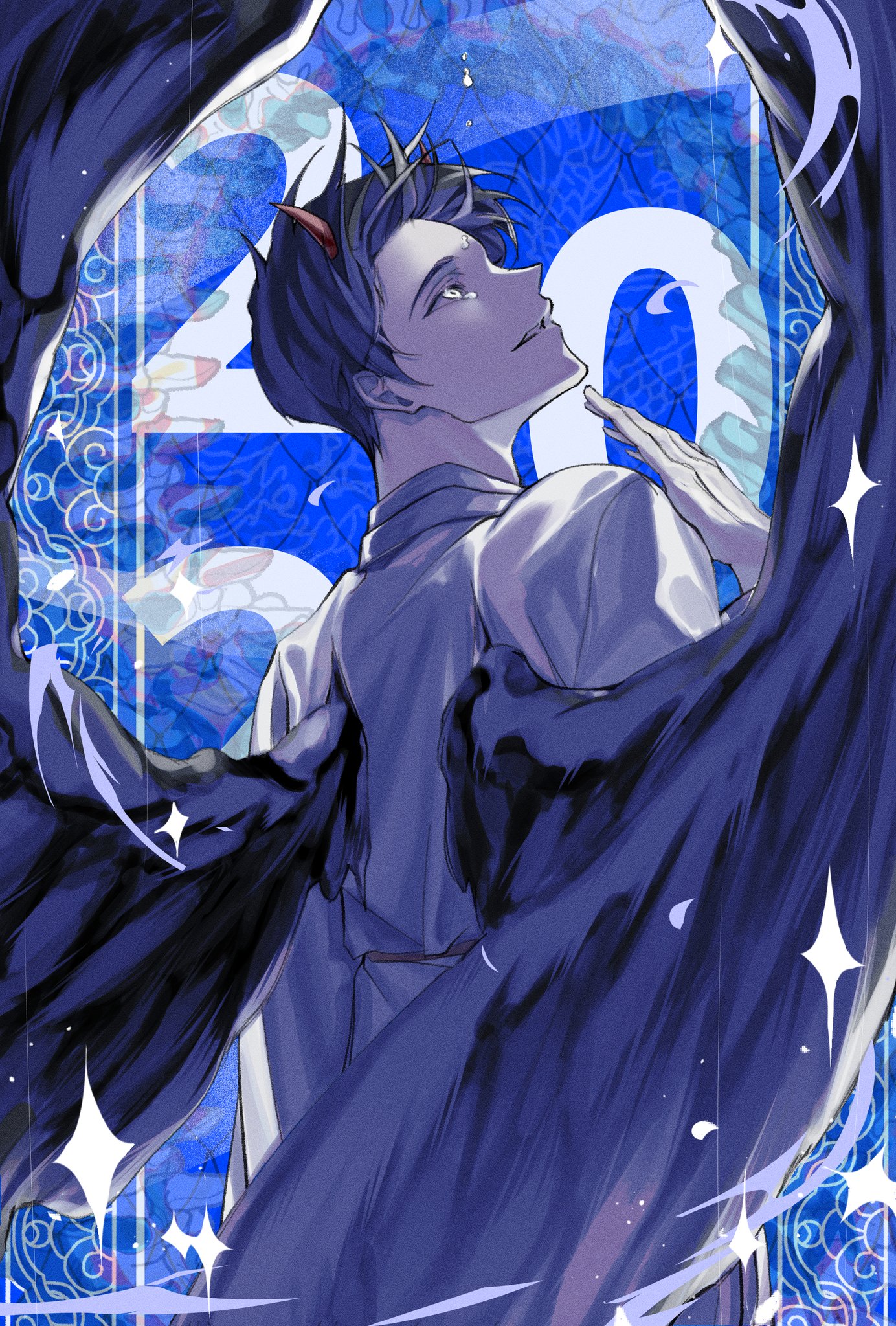 narak, kim dokja, omniscient reader's viewpoint, highres, 1boy, anti-gravity, black hair, black wings, border, coat, cowboy shot, crying, crying with eyes open, demon horns, feathered wings, hand up, horns, male focus, official alternate costume, ornate border, outside border, parted lips, short hair, solo, sparkle, stained glass, tears, white coat, wings, yellow eyes