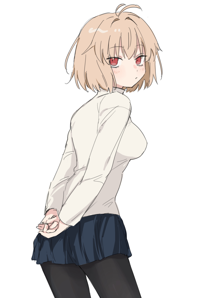 kaigan0211, arcueid brunestud, tsukihime, tsukihime (remake), highres, 1girl, arms behind back, black pantyhose, blonde hair, blue skirt, blush, breasts, closed mouth, looking at viewer, looking back, medium breasts, pantyhose, red eyes, shirt, short hair, simple background, skirt, solo, standing, white background, white shirt