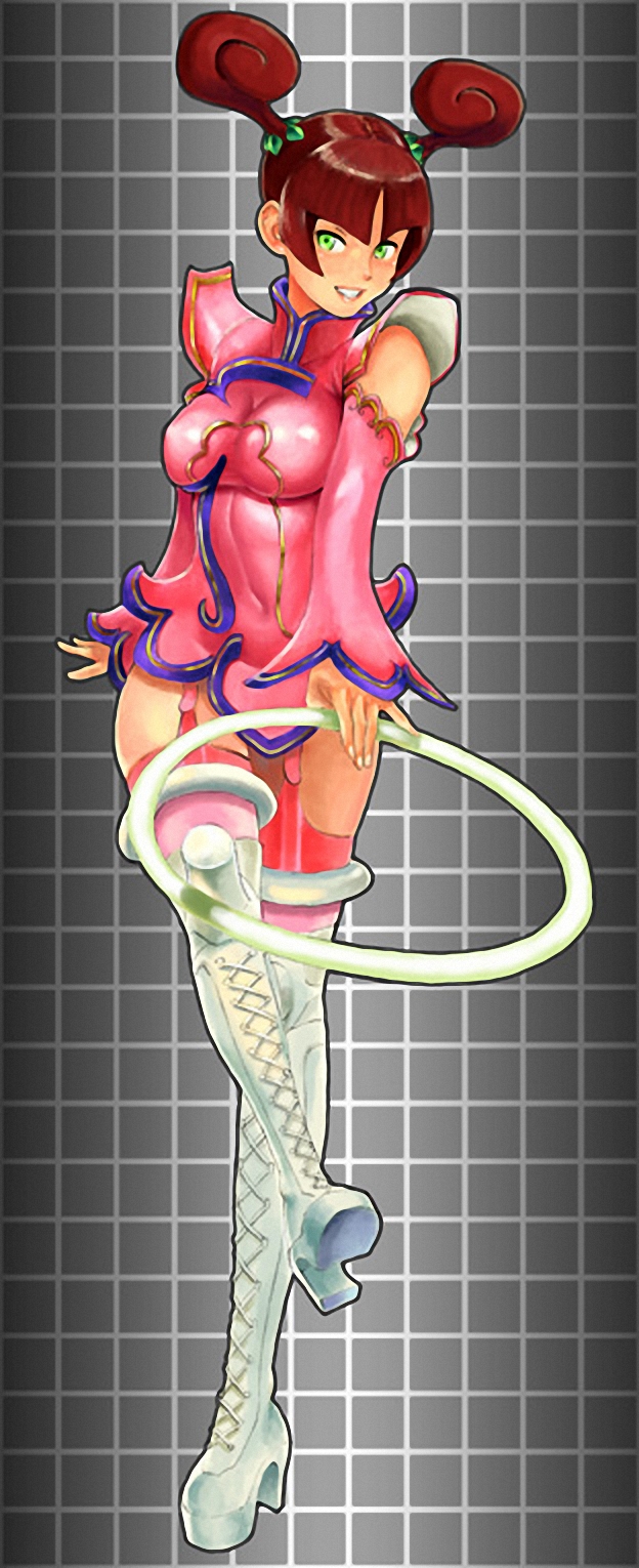 june lin milliam, capcom, star gladiator, highres, official art, 1girl, boots, chakram, female focus, garter belt, high heels, shoes, solo, thigh boots, thighhighs, weapon