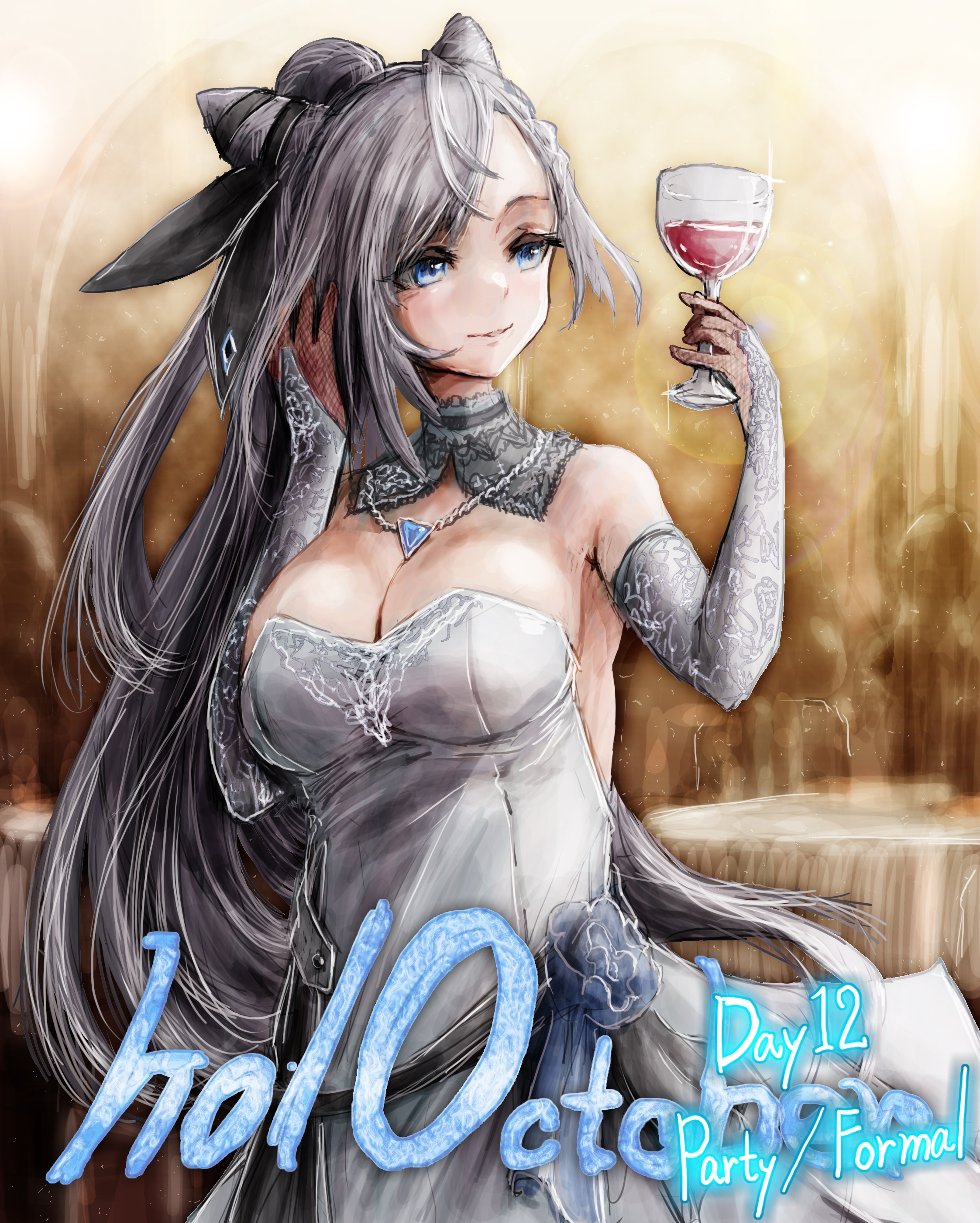 nymph rhythm, vestia zeta, hololive, hololive indonesia, absurdres, highres, 1girl, alternate costume, breasts, cleavage, closed mouth, cup, dress, drinking glass, elbow gloves, gloves, grey eyes, grey hair, hair bun, holding, holding cup, large breasts, long hair, looking at viewer, smile, solo, virtual youtuber, white dress, white gloves, wine glass