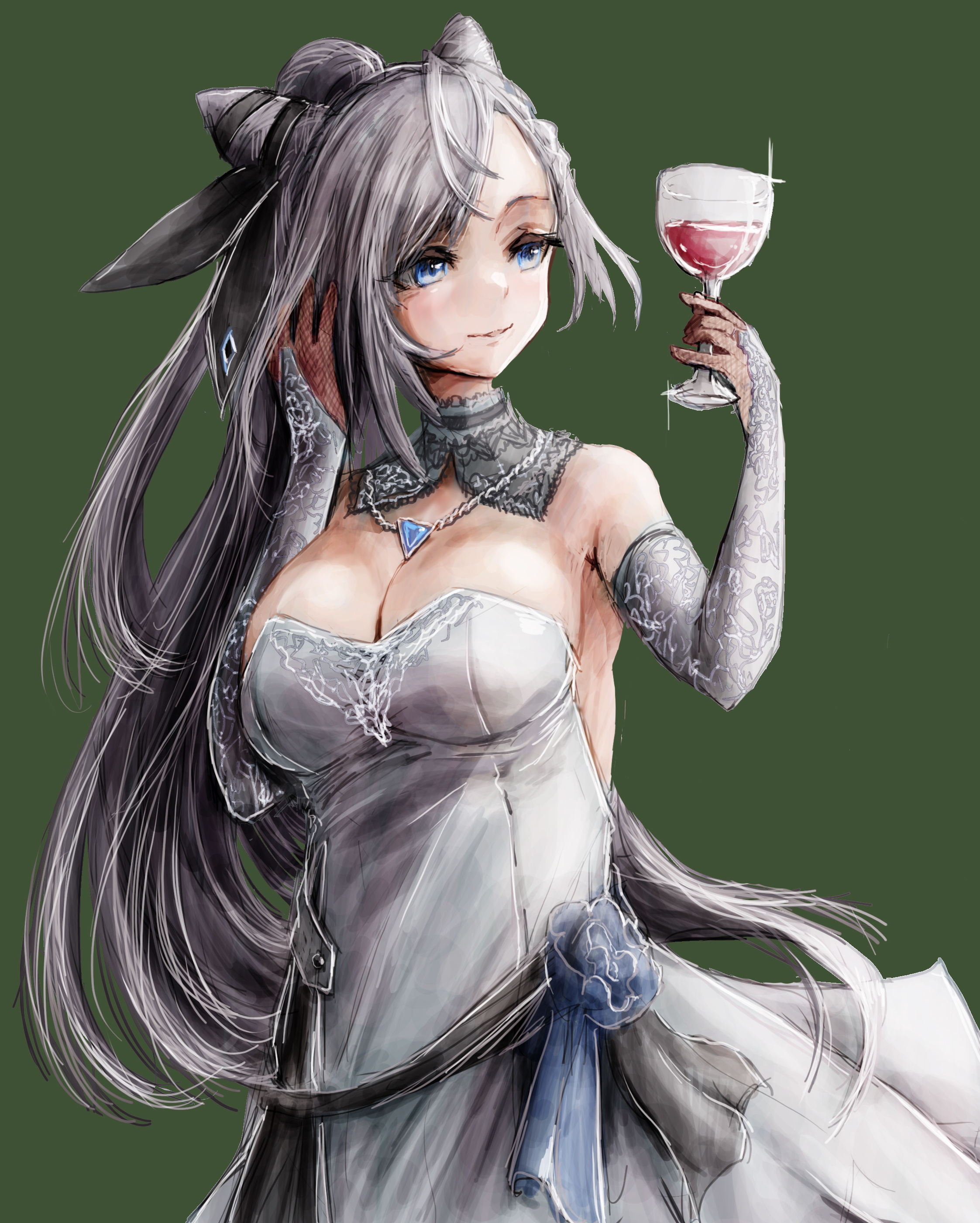 nymph rhythm, vestia zeta, hololive, hololive indonesia, absurdres, highres, 1girl, alternate costume, breasts, cleavage, closed mouth, cup, dress, drinking glass, elbow gloves, gloves, green background, grey eyes, grey hair, hair bun, holding, holding cup, large breasts, long hair, looking at viewer, smile, solo, virtual youtuber, white dress, white gloves, wine glass