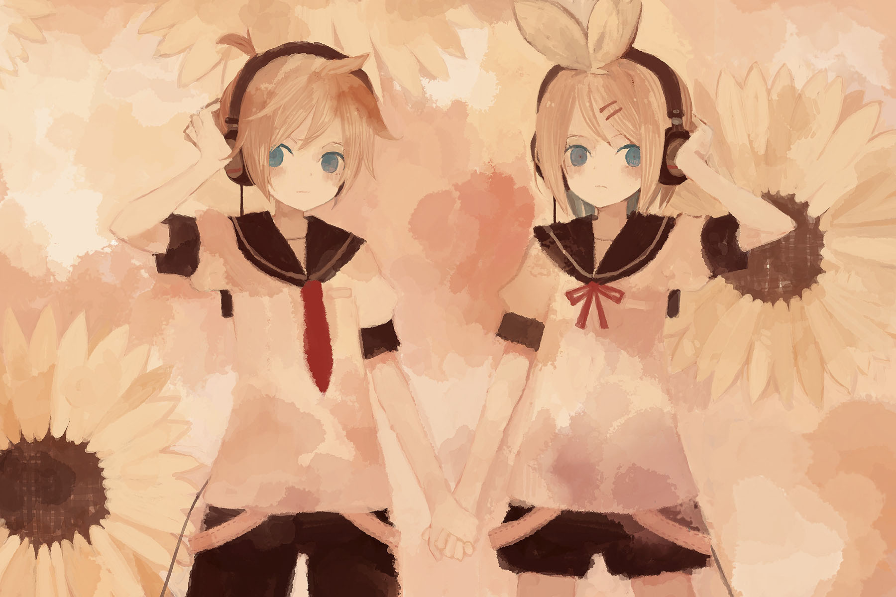 mitsuki mouse, kagamine len, kagamine rin, vocaloid, highres, 1boy, 1girl, brother and sister, headphones, hetero, holding hands, siblings, twins