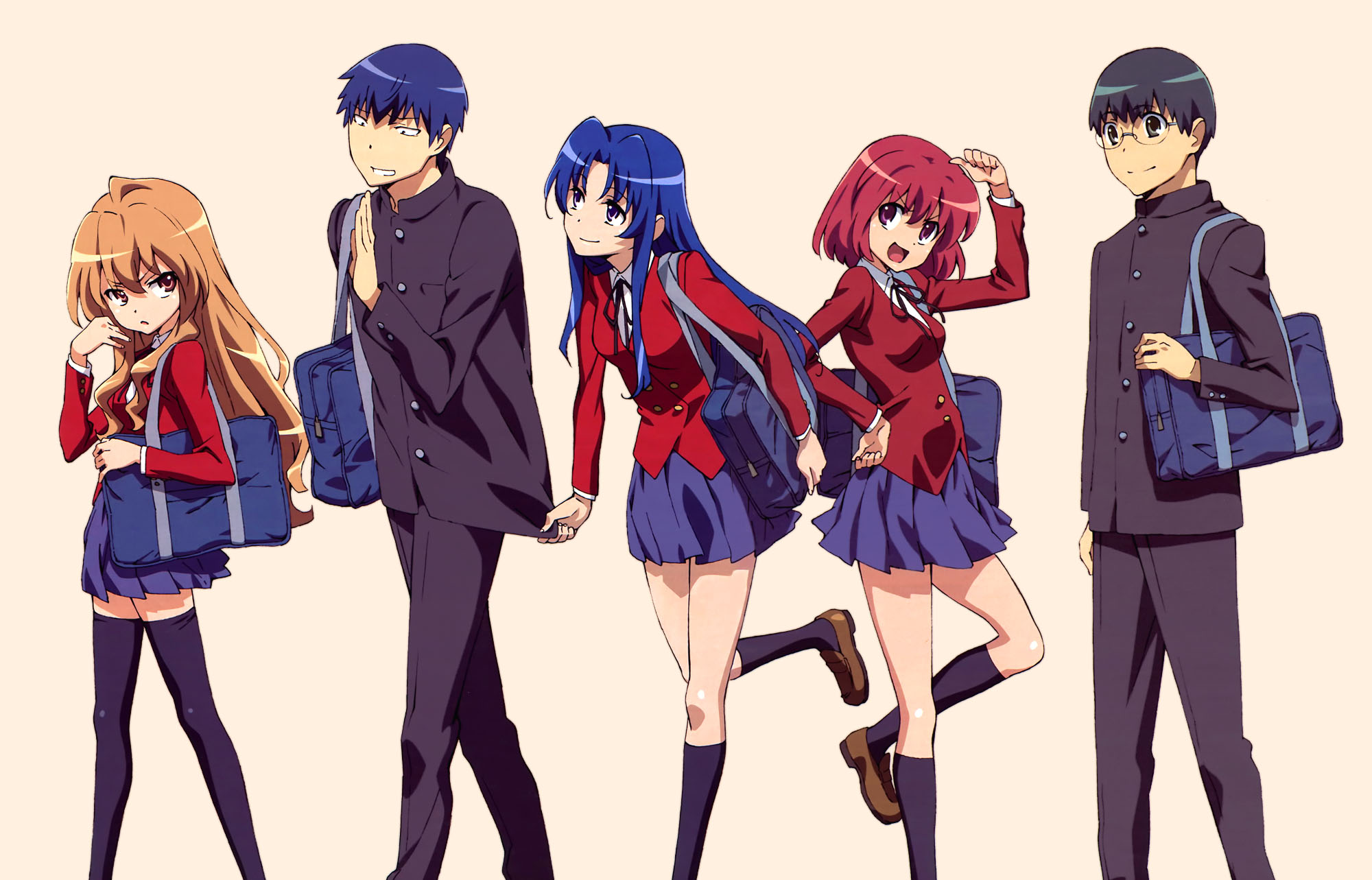aisaka taiga, kawashima ami, kitamura yuusaku, kushieda minori, takasu ryuuji, toradora!, highres, non-web source, official art, 00s, 2boys, 3girls, bag, gakuran, glasses, loafers, multiple boys, multiple girls, school uniform, shoes, thighhighs