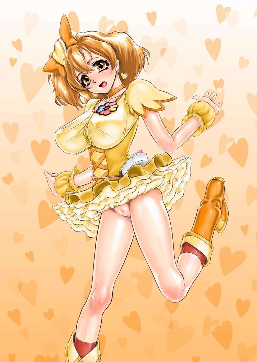 xopc, cure pine, yamabuki inori, fresh precure!, precure, bad id, bad pixiv id, 00s, 1girl, blush, boots, bow, brown hair, choker, earrings, eyelashes, female focus, hair bow, hair ornament, heart, heart hair ornament, jewelry, magical girl, no panties, pussy, pussy juice, short hair, solo, uncensored, yellow eyes