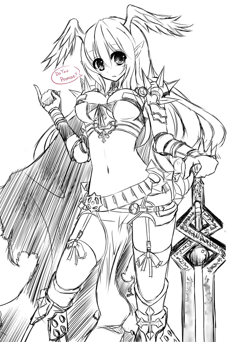 suisui (hakkindou), rune knight (ragnarok online), ragnarok online, commentary request, 1girl, armor, bikini armor, breasts, cape, cowboy shot, cross of prontera, english text, garter straps, greyscale, head wings, holding, holding sword, holding weapon, long hair, looking at viewer, medium breasts, monochrome, navel, pauldrons, pelvic curtain, pinky out, pinky swear, pointy ears, shoulder armor, simple background, solo, spiked pauldrons, spikes, sword, thighhighs, vambraces, weapon, wings