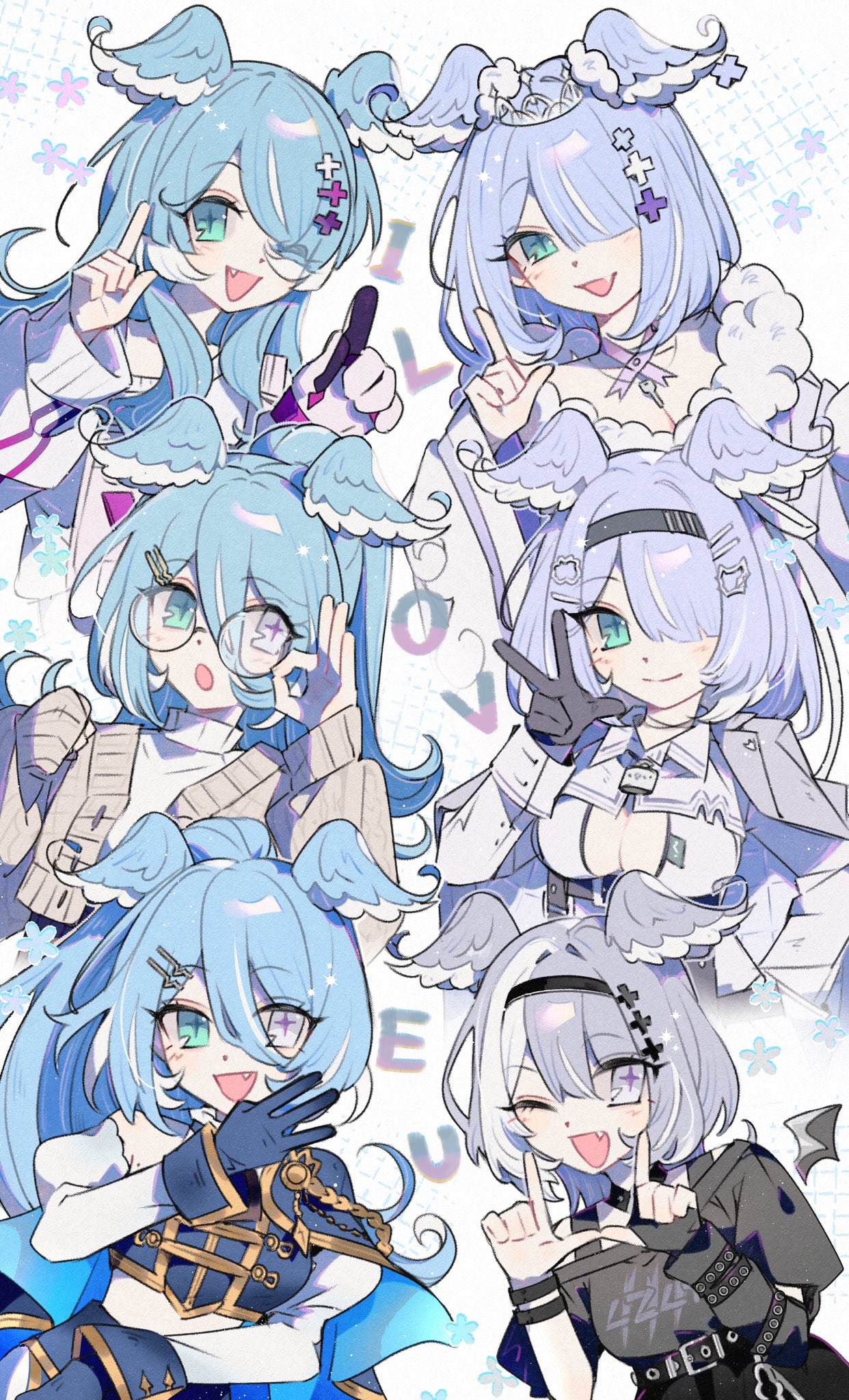 elira pendora, elira pendora (1st costume), elira pendora (2nd costume), elira pendora (3rd costume), elira pendora (4th costume), elira pendora (goth), nijisanji, nijisanji en, commentary, english commentary, highres, 1girl, :d, :o, aqua eyes, blue hair, cross-shaped pupils, cube iceeh, english text, fang, hair over one eye, head wings, heterochromia, long hair, medium hair, multiple views, nijisanji idol uniform, open mouth, purple eyes, smile, symbol-shaped pupils, virtual youtuber, white background, wings