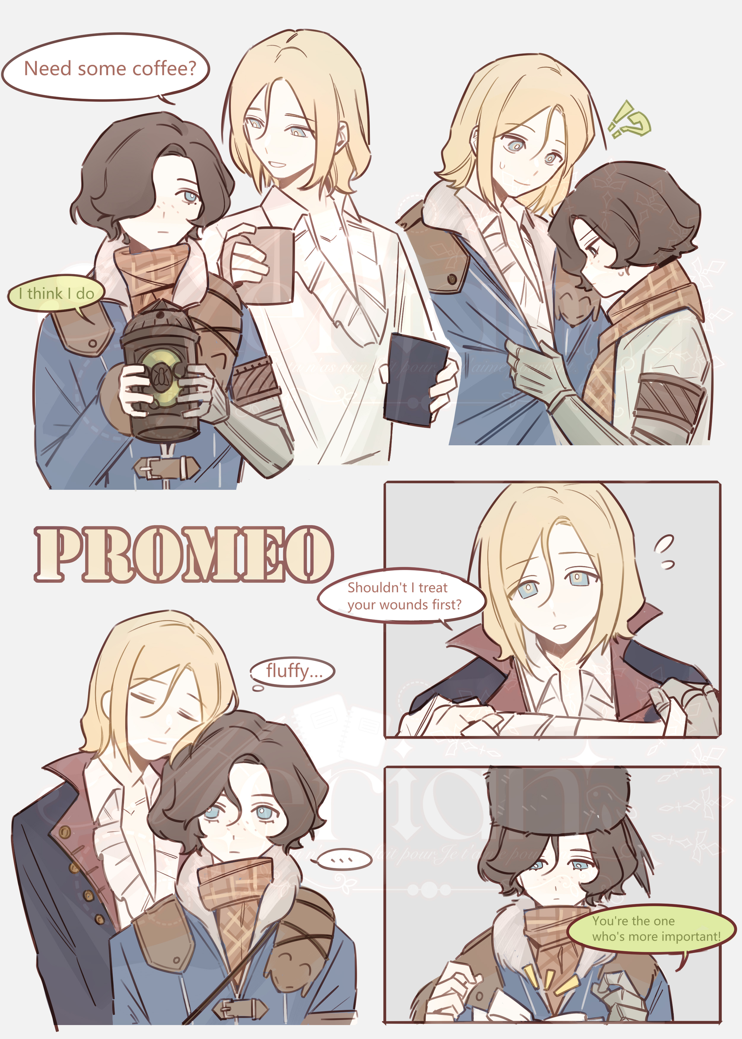pinocchio (lies of p), lies of p, lies of p: overture, absurdres, commentary, english commentary, highres, second-party source, !?, 2boys, black hair, blonde hair, blue eyes, brown scarf, closed eyes, coffee mug, cup, english text, flying sweatdrops, gemini (lies of p), holding, holding cup, jippettoisback, male focus, mug, multiple boys, multiple views, plaid clothes, plaid scarf, romeo (lies of p), scarf, shirt, watermark, white shirt, yaoi