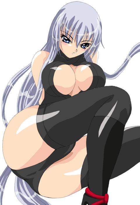 kurohime, mahou tsukai kurohime, silver hair, tagme, blue eyes, blush, breasts, cleavage, sitting