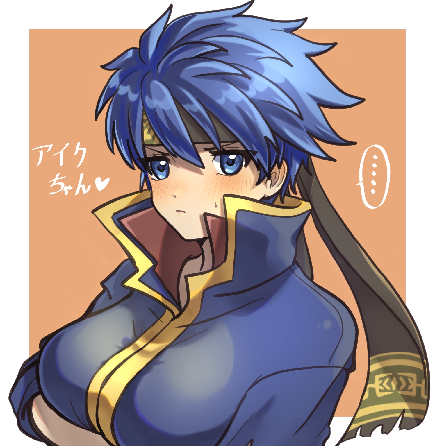 ak 87 kt, ike (fire emblem), fire emblem, fire emblem: path of radiance, nintendo, highres, translation request, 1girl, blue eyes, blue hair, breasts, closed mouth, genderswap, genderswap (mtf), green hairband, hairband, large breasts, looking at viewer, popped collar, solo