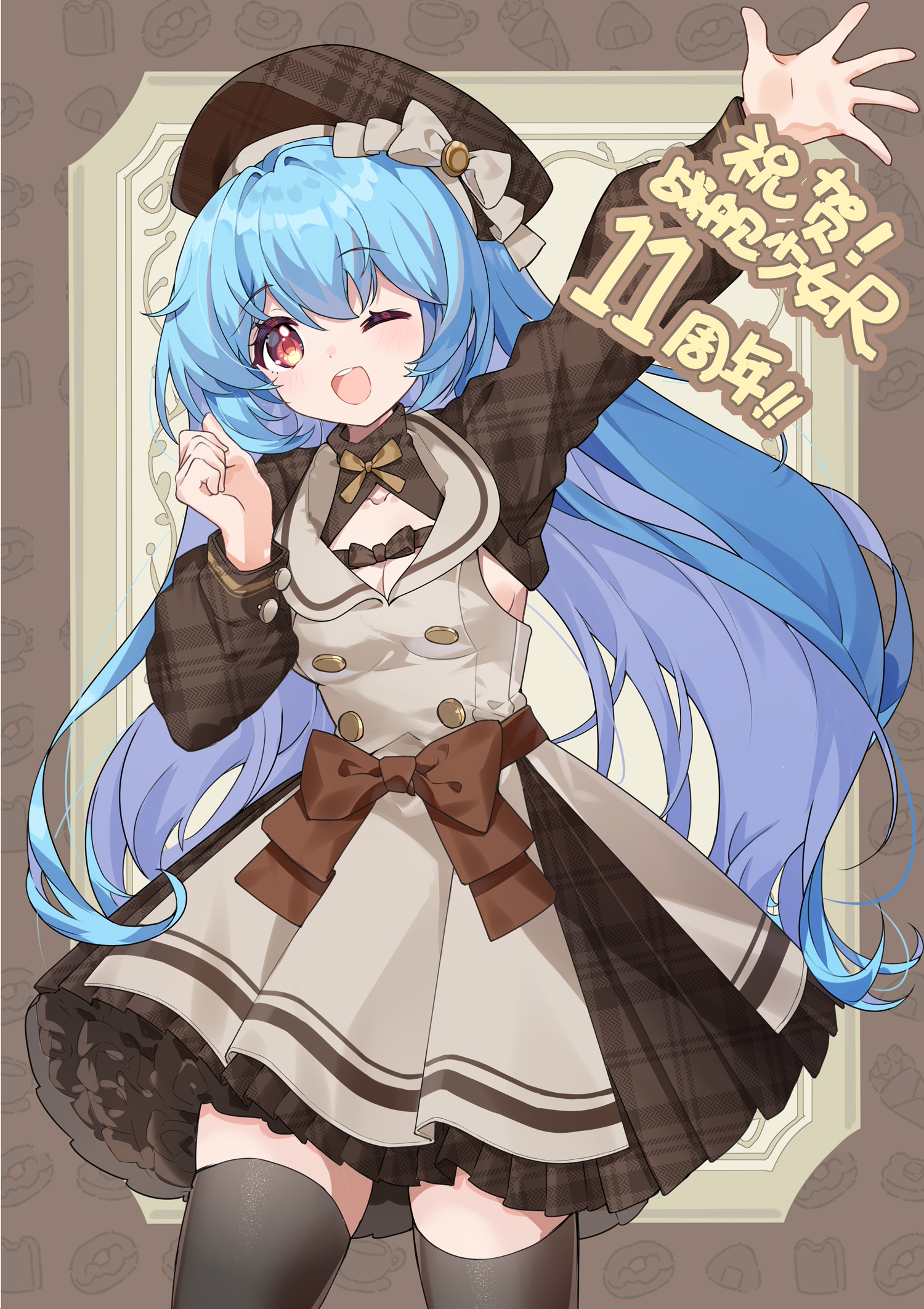 bison cangshu, zhenming, quincy (warship girls r), warship girls r, highres, 1girl, ;d, alternate costume, arm up, beret, black thighhighs, blue hair, bow, breasts, brown bow, brown dress, chinese text, cleavage, clothing cutout, dress, frilled dress, frills, hat, hat bow, long hair, long sleeves, looking at viewer, one eye closed, open mouth, plaid clothes, plaid dress, red eyes, small breasts, smile, solo, thighhighs, very long hair