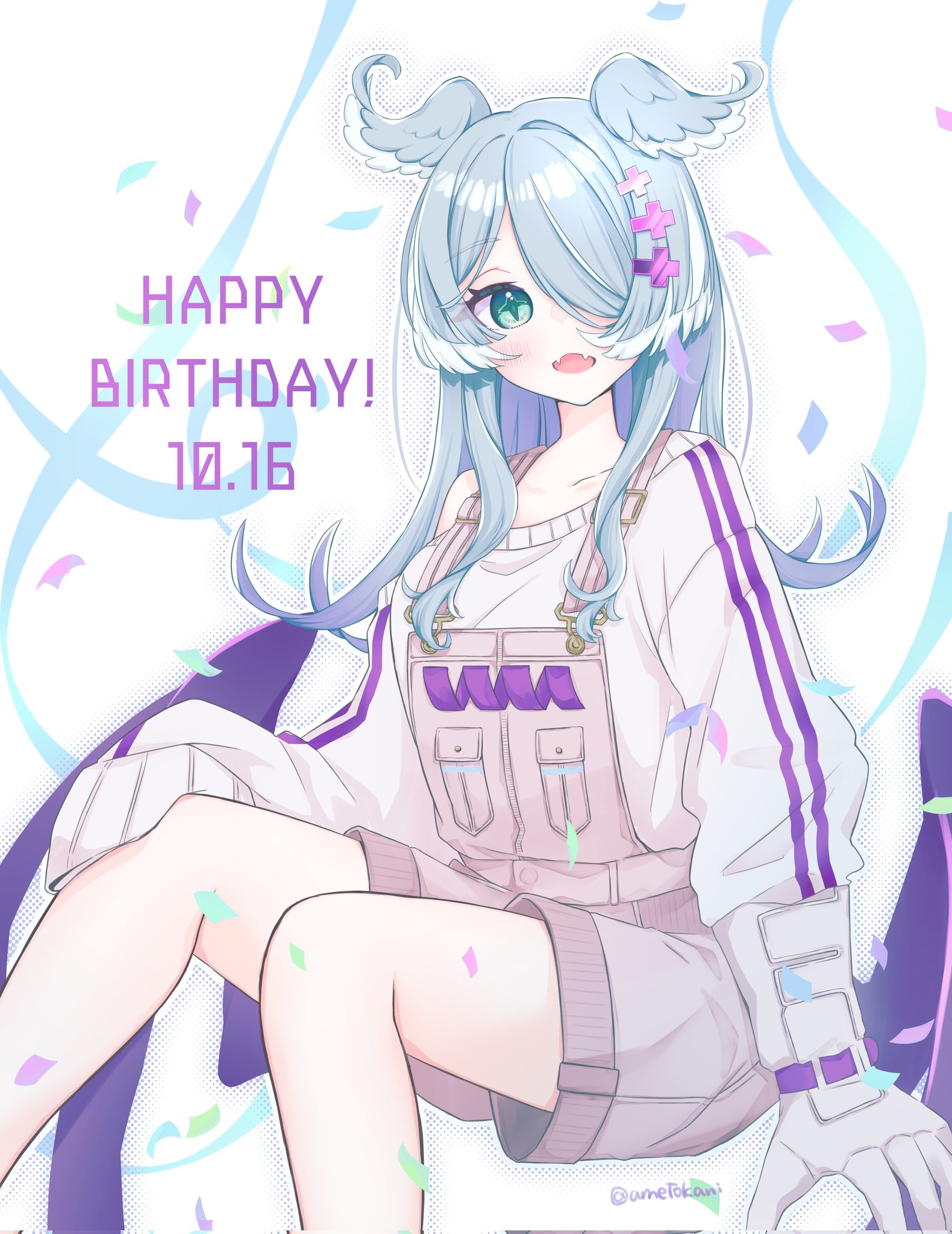 ametokani, elira pendora, elira pendora (1st costume), nijisanji, nijisanji en, highres, 1girl, aqua eyes, artist name, blue hair, blush, confetti, cross-shaped pupils, fangs, hair over one eye, happy birthday, head wings, invisible chair, long hair, looking at viewer, open mouth, single sleeve past fingers, sitting, skin fangs, solo, streamers, symbol-shaped pupils, twitter username, virtual youtuber, white background, wings