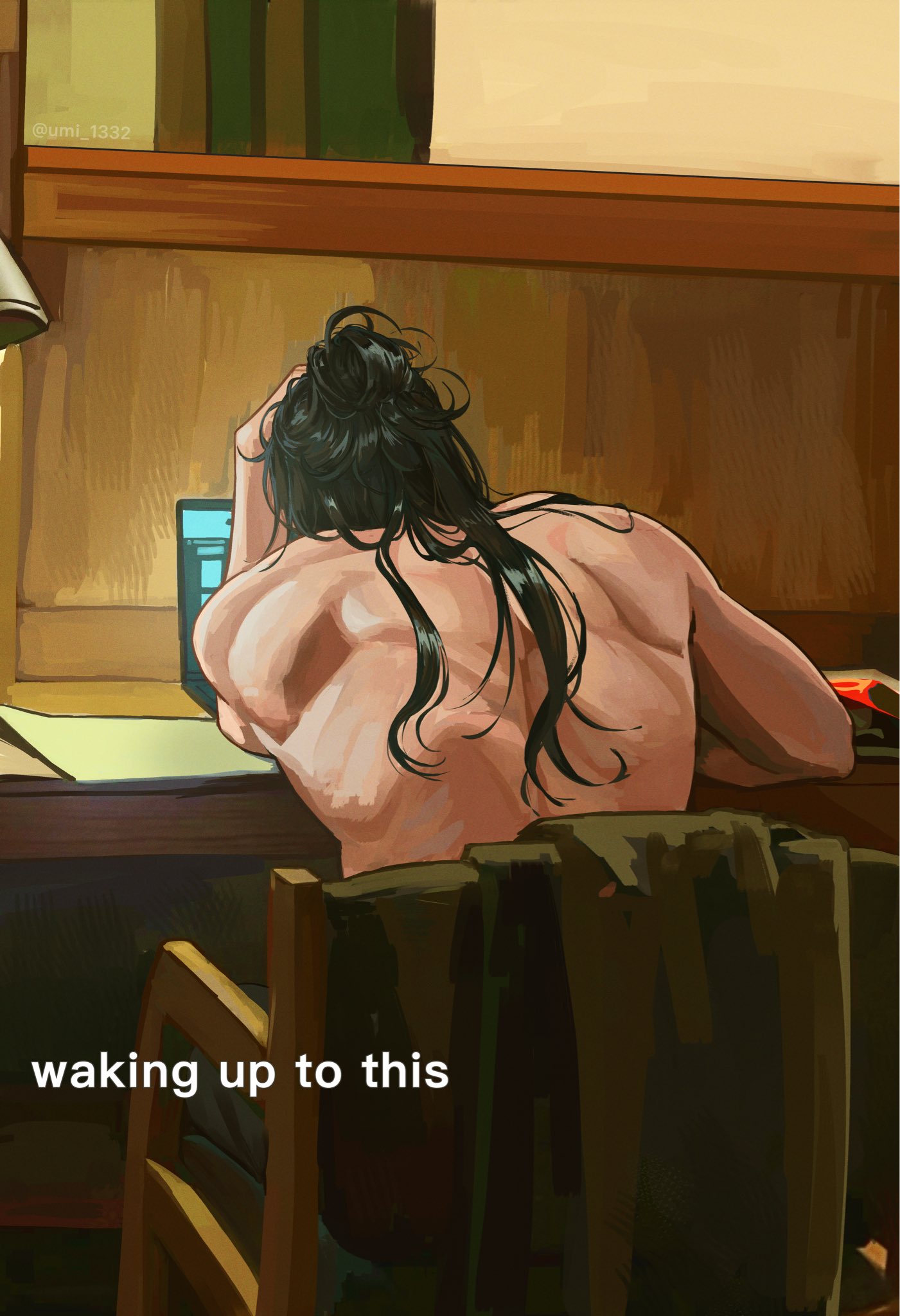 umi 1332, getou suguru, jujutsu kaisen, commentary, english commentary, highres, 1boy, back, black hair, computer, from behind, hair bun, laptop, long hair, male focus, meme, short hair, sitting, solo, topless male, twitter username, waking up to this (meme)